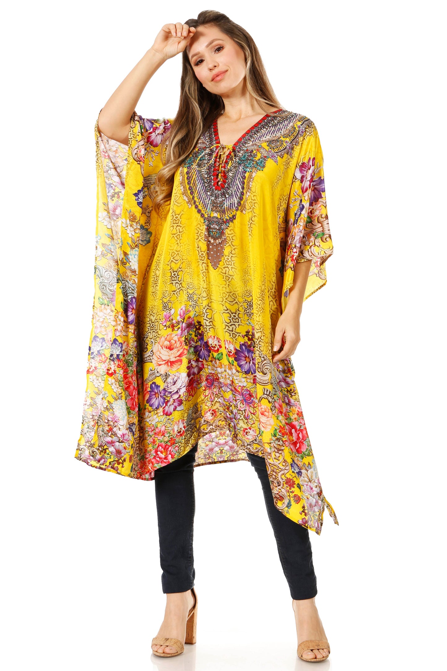 Sakkas Zeni Women's Short sleeve V-neck Summer Floral Print Caftan Dress Cover-up - Concordia Style Boutique
