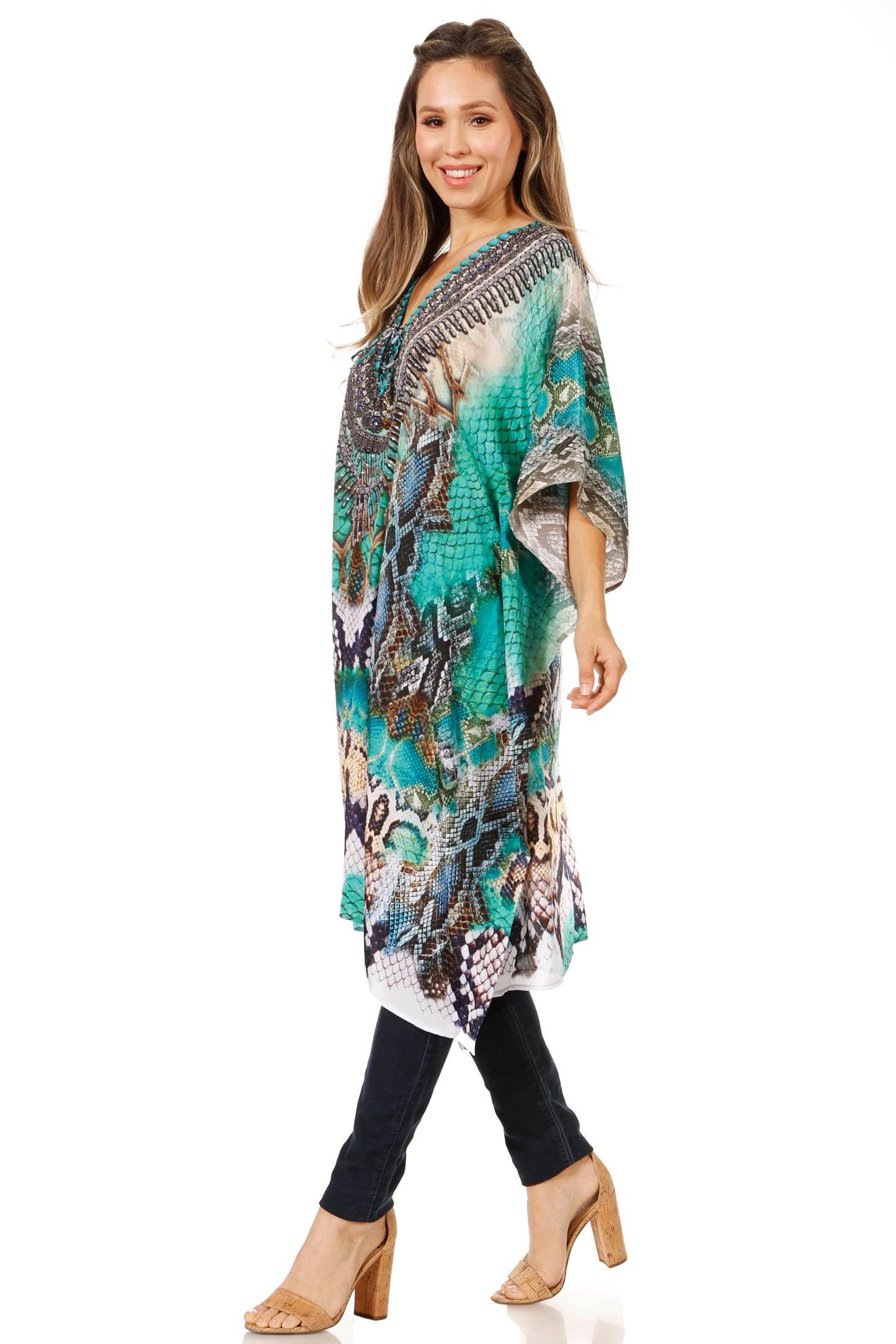 Sakkas Zeni Women's Short sleeve V-neck Summer Floral Print Caftan Dress Cover-up - Concordia Style Boutique