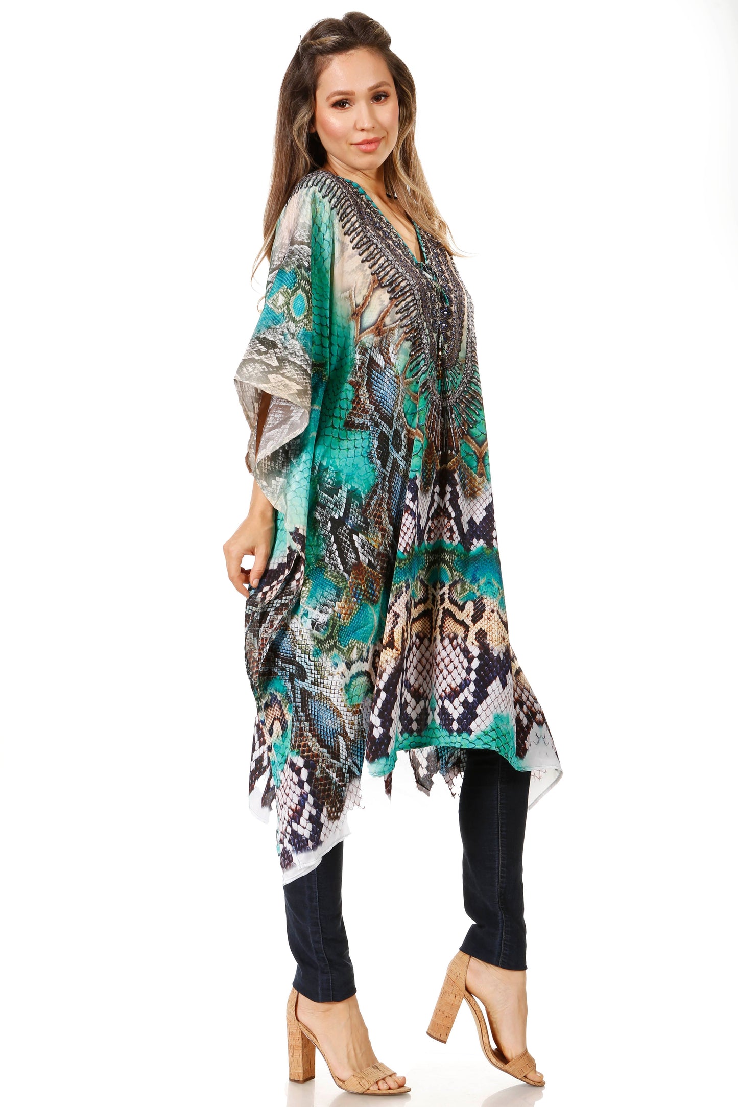 Sakkas Zeni Women's Short sleeve V-neck Summer Floral Print Caftan Dress Cover-up - Concordia Style Boutique