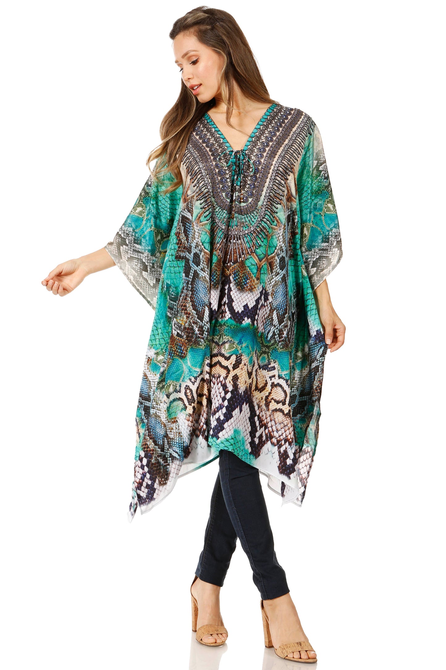 Sakkas Zeni Women's Short sleeve V-neck Summer Floral Print Caftan Dress Cover-up - Concordia Style Boutique