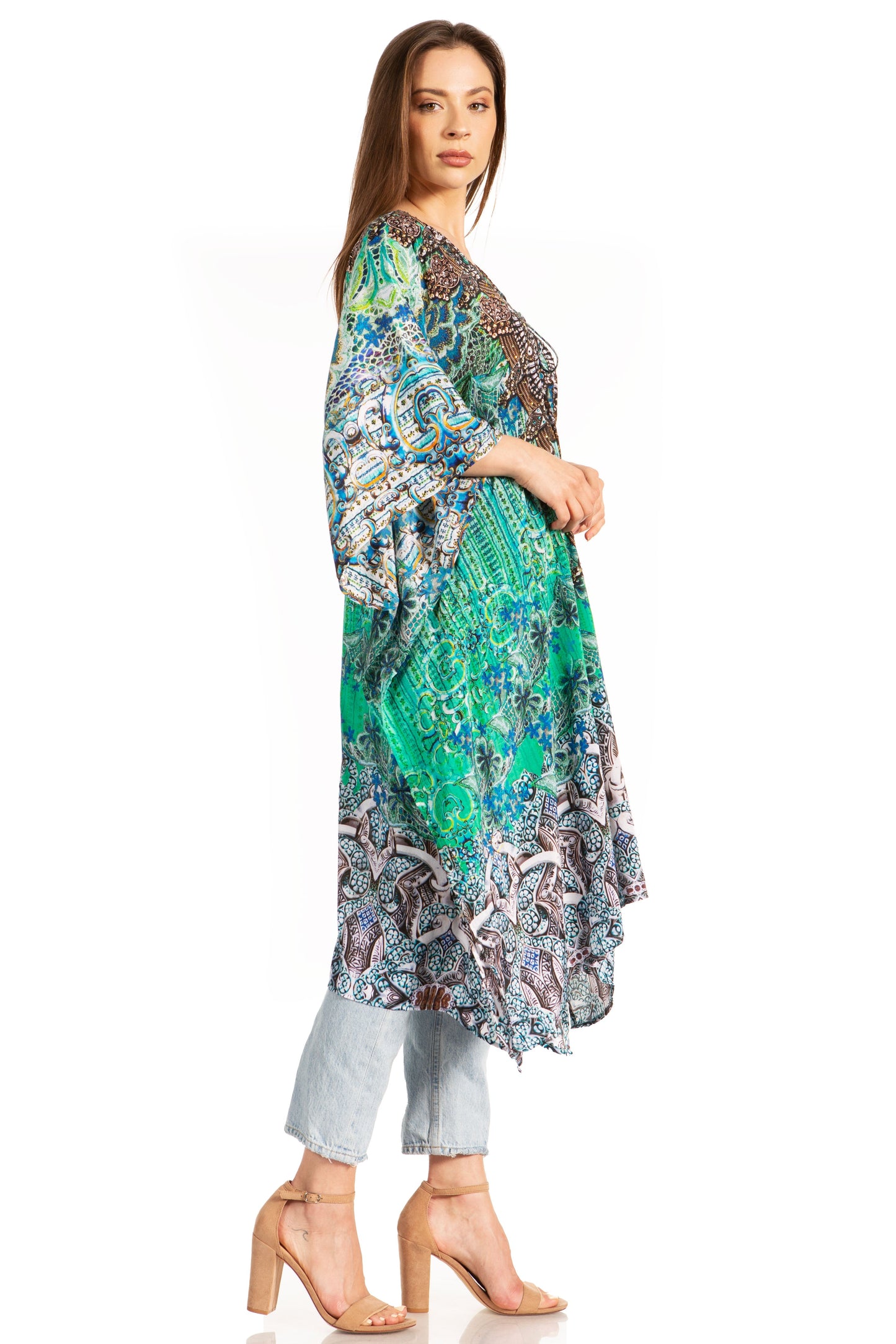 Sakkas Zeni Women's Short sleeve V-neck Summer Floral Print Caftan Dress Cover-up - Concordia Style Boutique