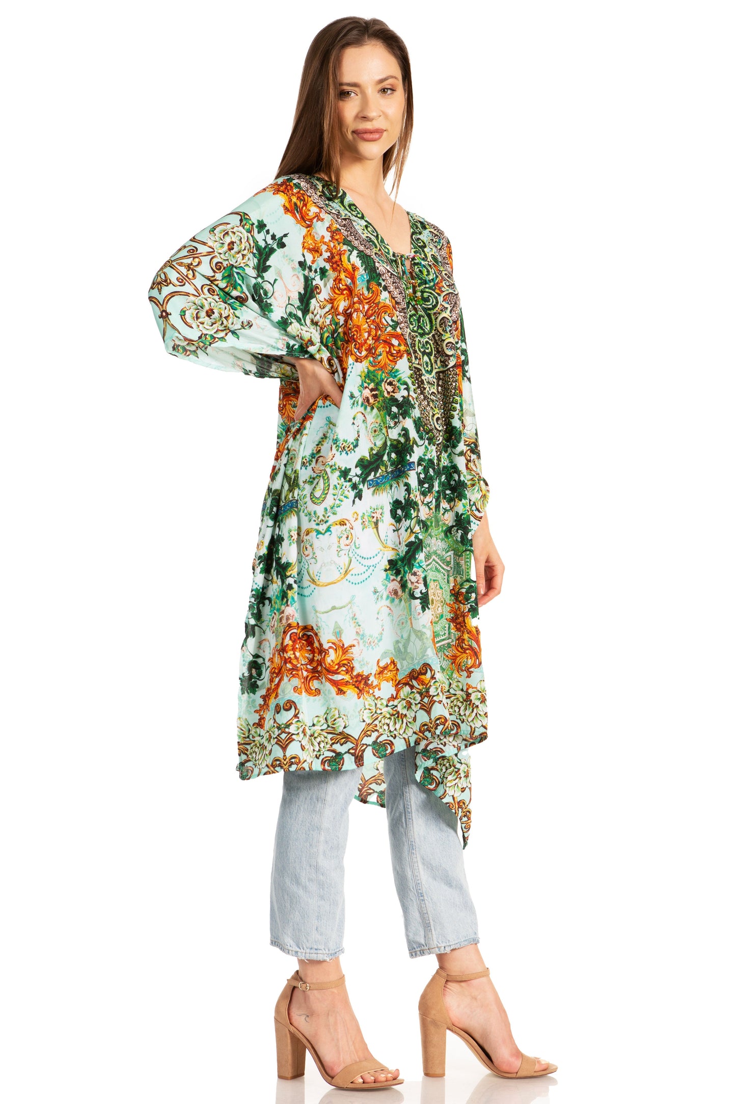 Sakkas Zeni Women's Short sleeve V-neck Summer Floral Print Caftan Dress Cover-up - Concordia Style Boutique