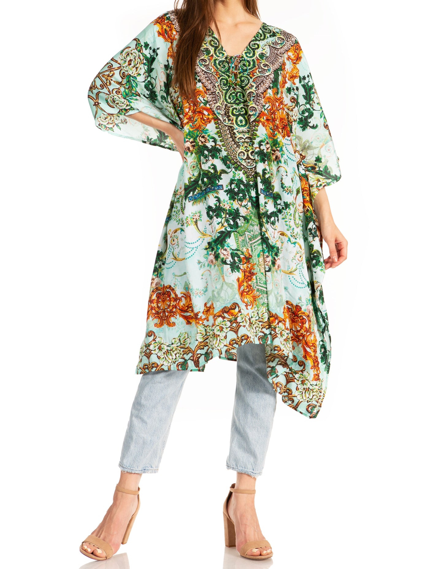 Sakkas Zeni Women's Short sleeve V-neck Summer Floral Print Caftan Dress Cover-up - Concordia Style Boutique