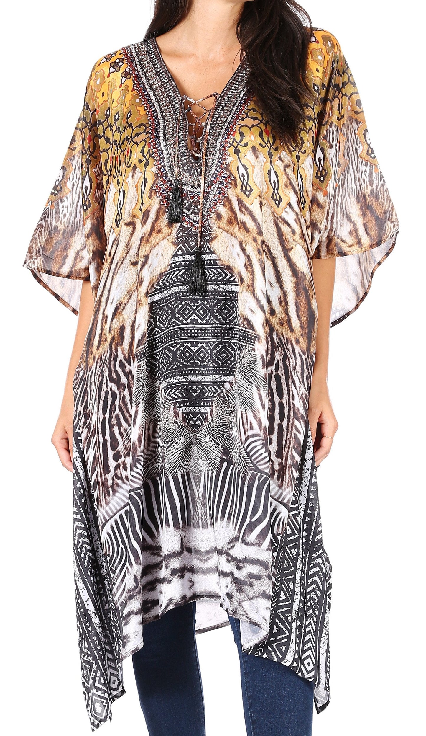 Sakkas Zeni Women's Short sleeve V-neck Summer Floral Print Caftan Dress Cover-up - Concordia Style Boutique