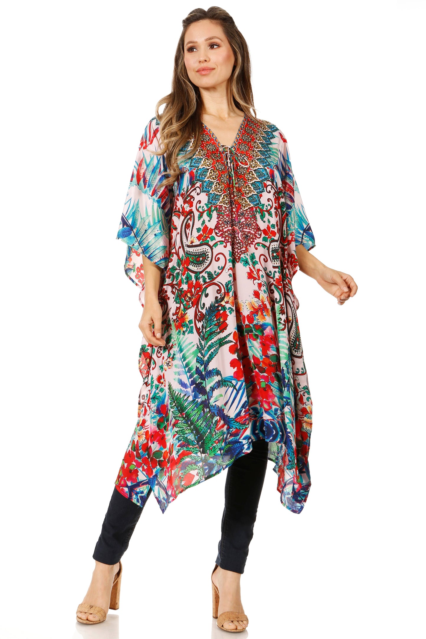 Sakkas Zeni Women's Short sleeve V-neck Summer Floral Print Caftan Dress Cover-up - Concordia Style Boutique