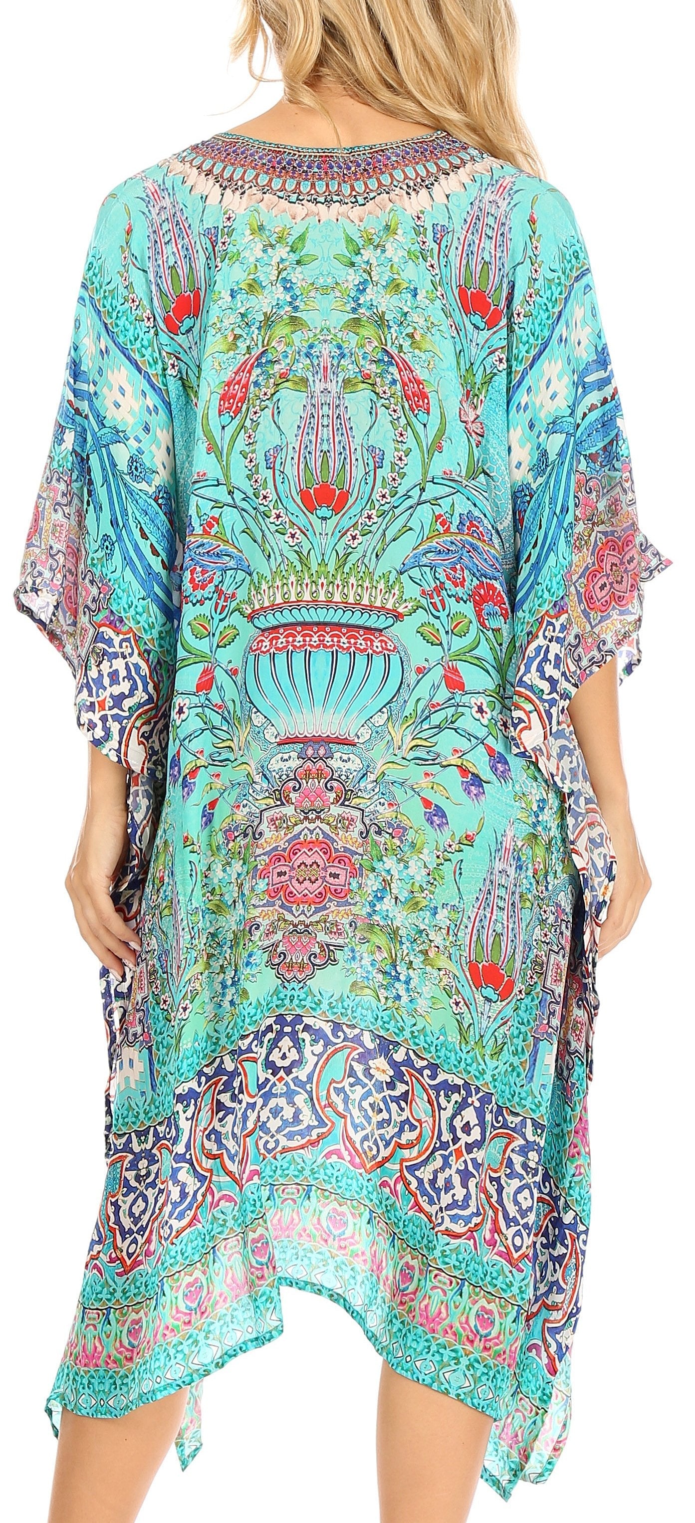 Sakkas Zeni Women's Short sleeve V-neck Summer Floral Print Caftan Dress Cover-up - Concordia Style Boutique