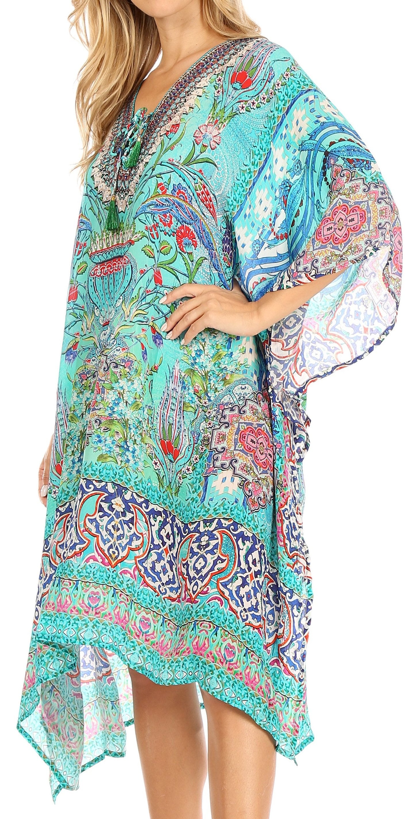 Sakkas Zeni Women's Short sleeve V-neck Summer Floral Print Caftan Dress Cover-up - Concordia Style Boutique