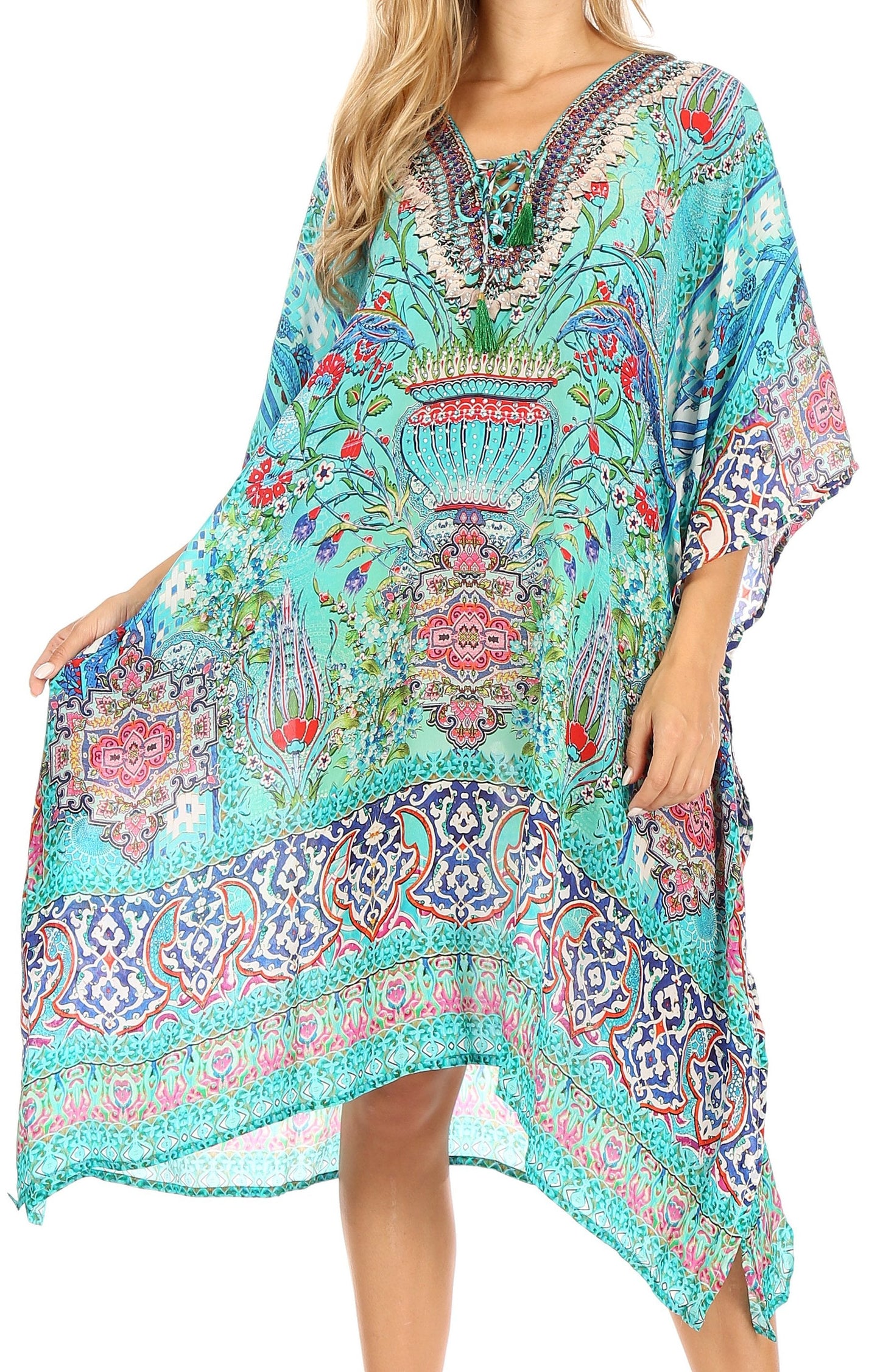 Sakkas Zeni Women's Short sleeve V-neck Summer Floral Print Caftan Dress Cover-up - Concordia Style Boutique