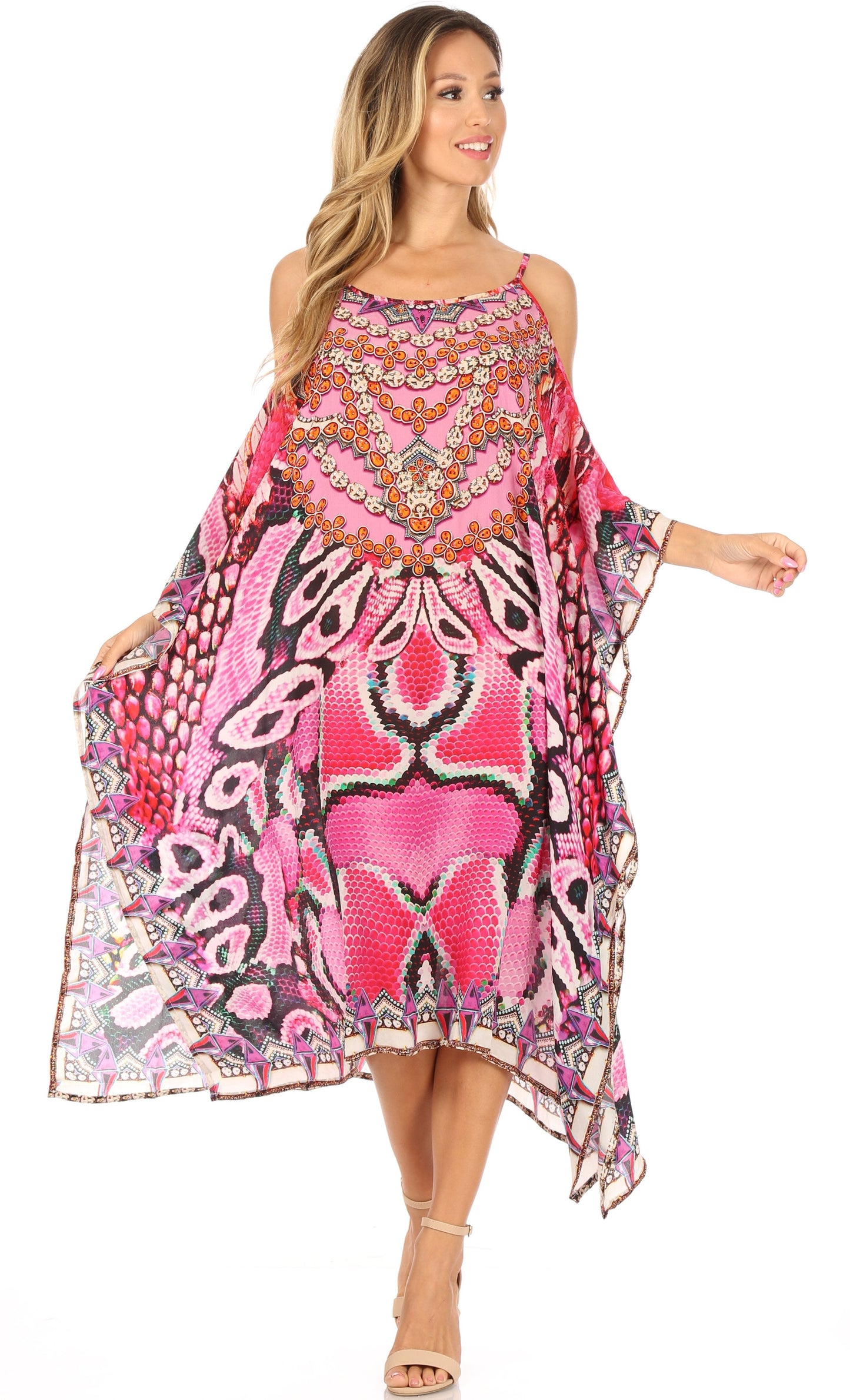 Sakkas Amaya Loose Fit Long Printed Strappy Cutout Shoulder Boat Neck Kaftan Dress - Concordia Style Boutique