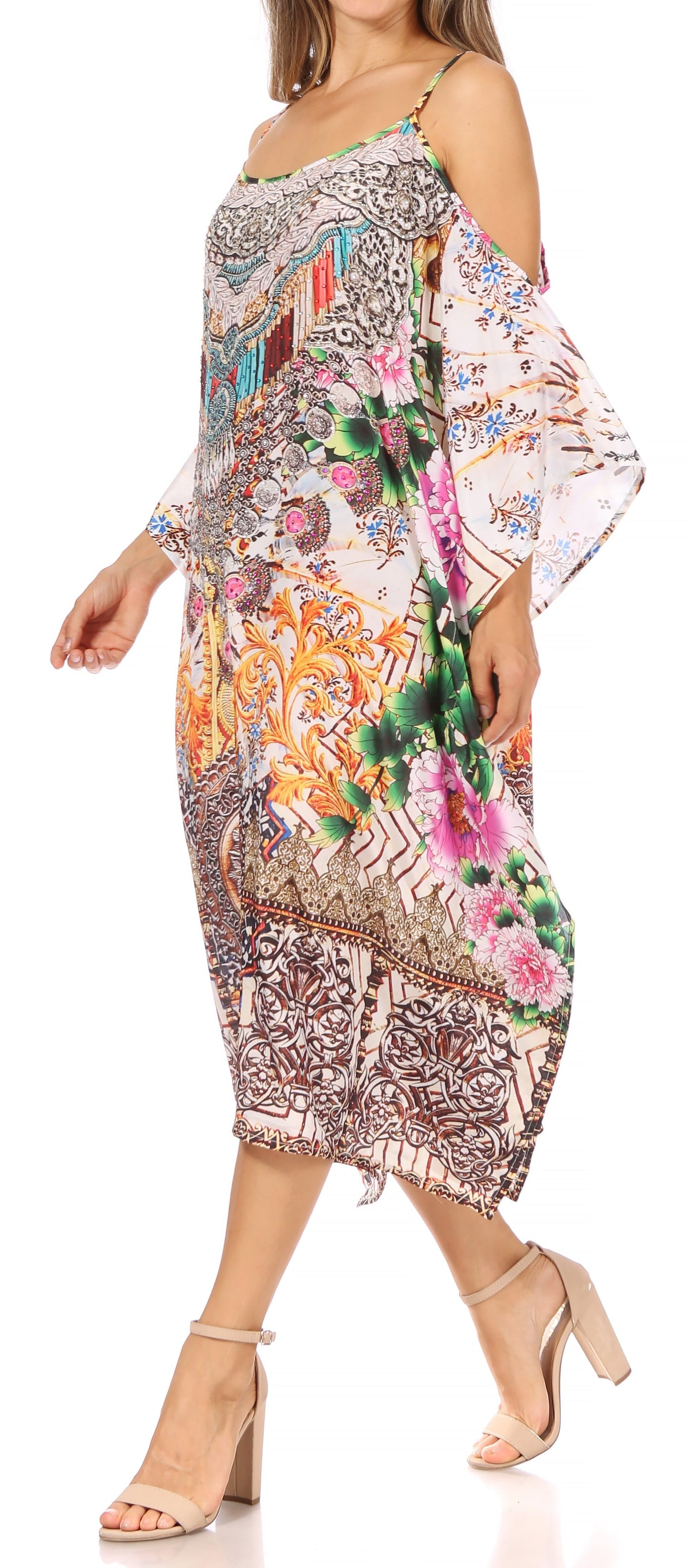 Sakkas Amaya Loose Fit Long Printed Strappy Cutout Shoulder Boat Neck Kaftan Dress - Concordia Style Boutique