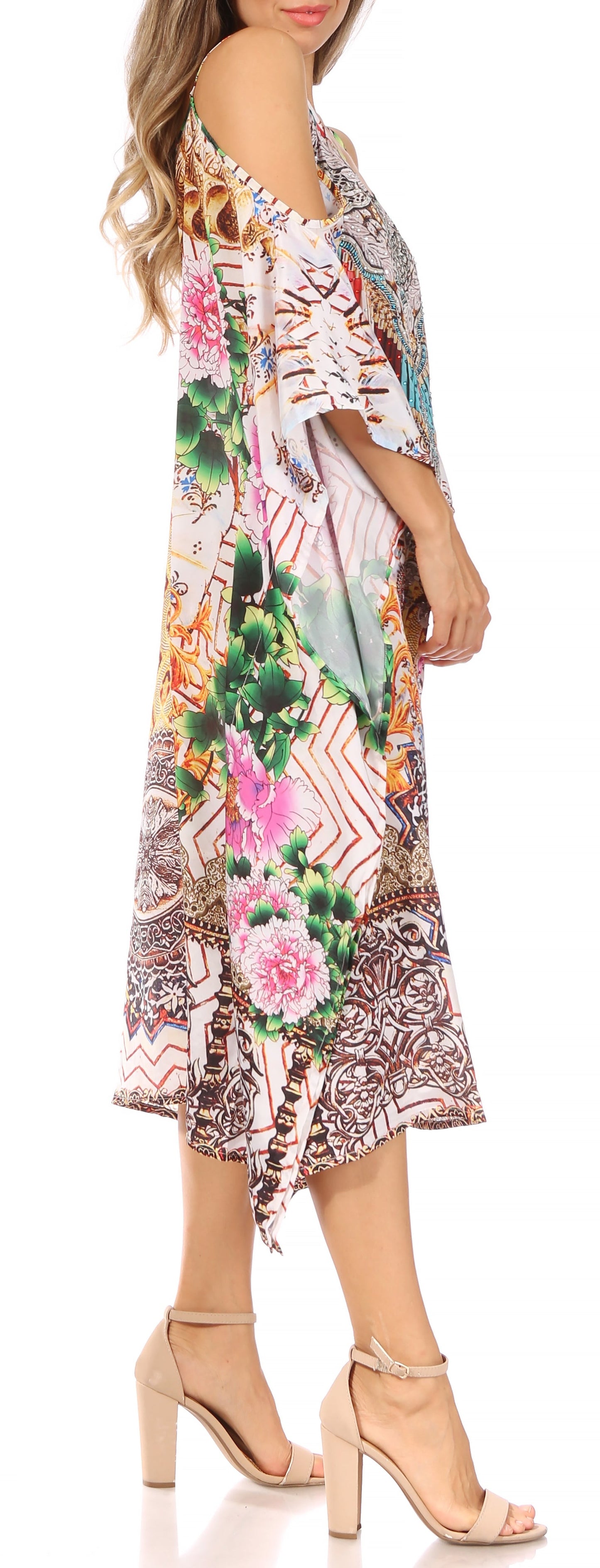 Sakkas Amaya Loose Fit Long Printed Strappy Cutout Shoulder Boat Neck Kaftan Dress - Concordia Style Boutique