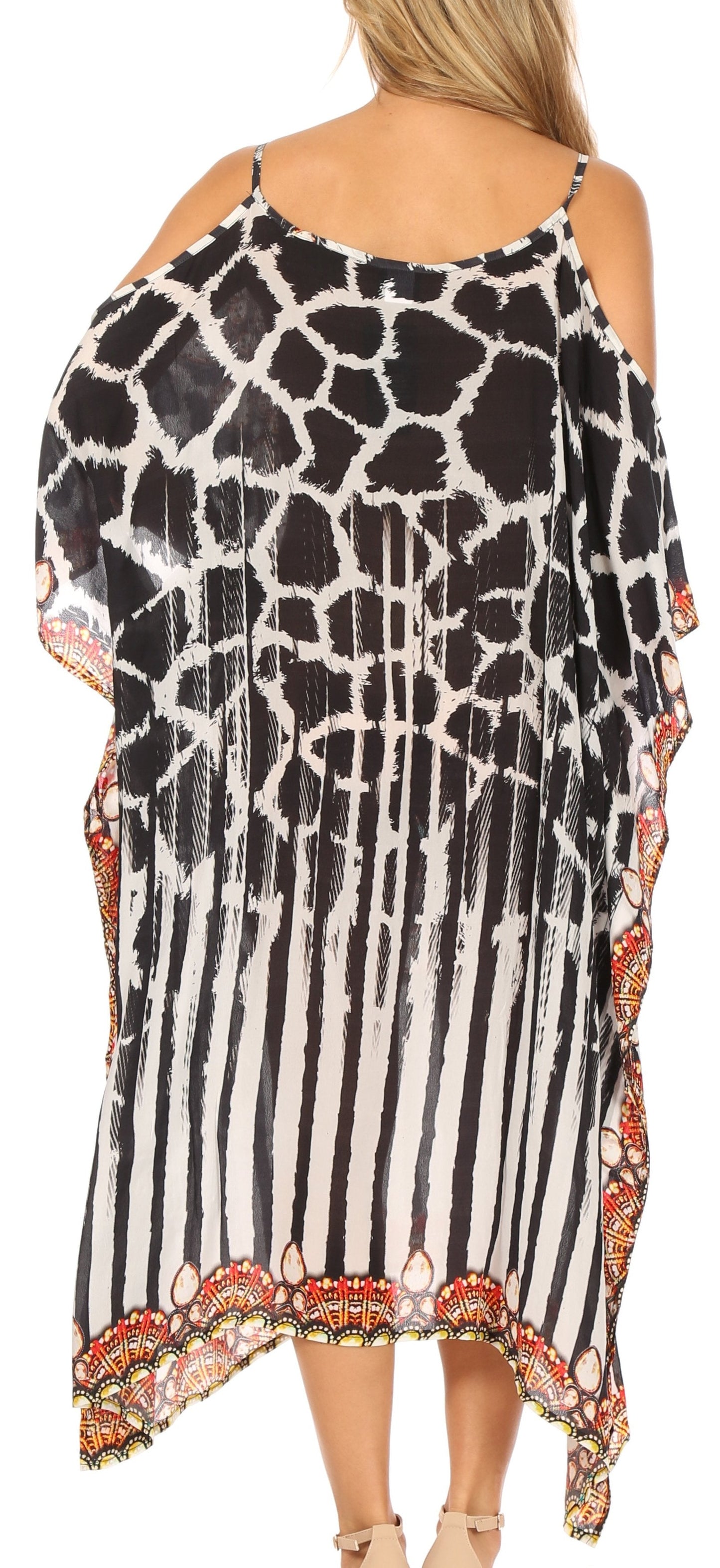 Sakkas Amaya Loose Fit Long Printed Strappy Cutout Shoulder Boat Neck Kaftan Dress - Concordia Style Boutique