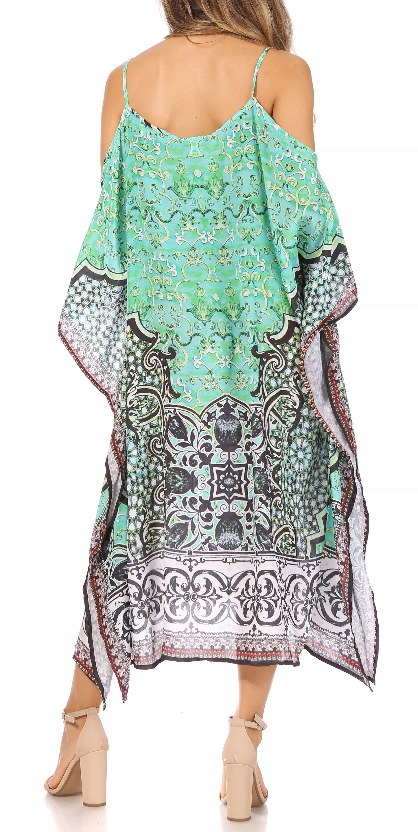 Sakkas Amaya Loose Fit Long Printed Strappy Cutout Shoulder Boat Neck Kaftan Dress - Concordia Style Boutique