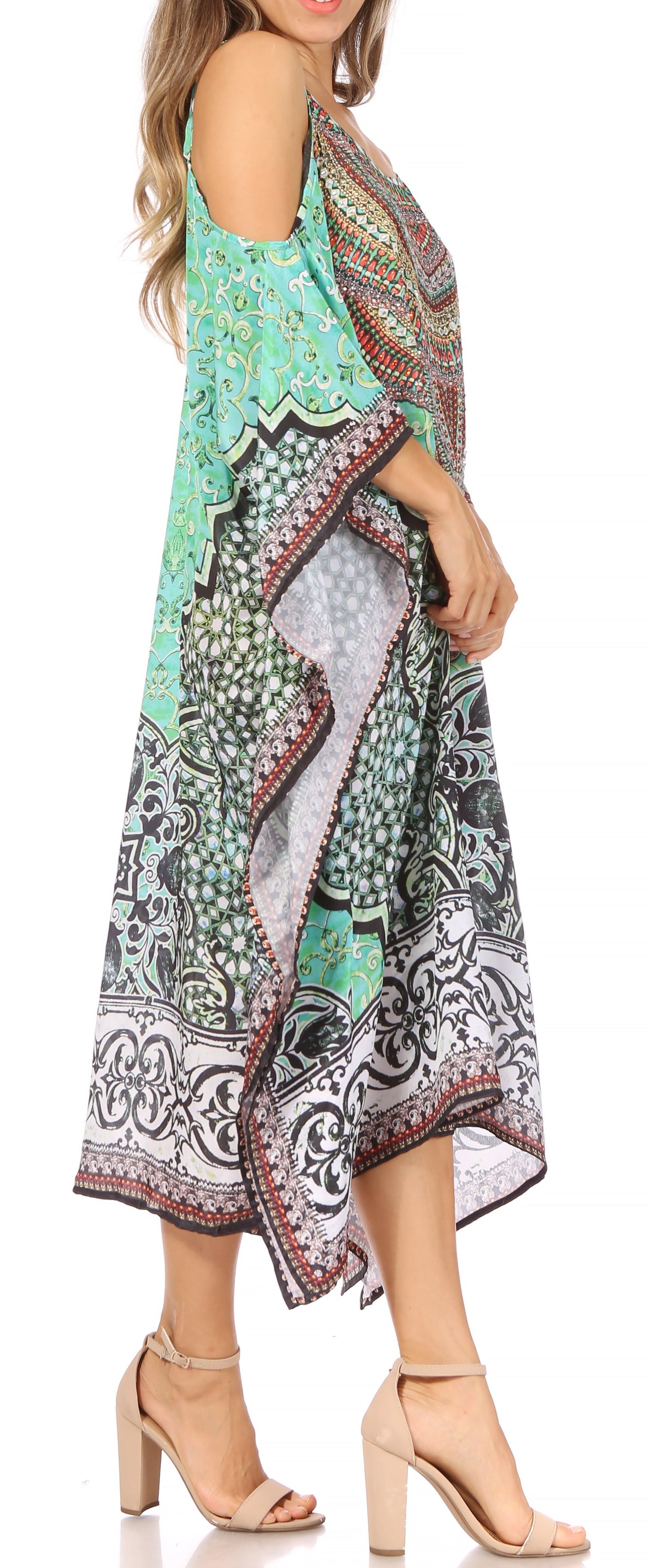 Sakkas Amaya Loose Fit Long Printed Strappy Cutout Shoulder Boat Neck Kaftan Dress - Concordia Style Boutique