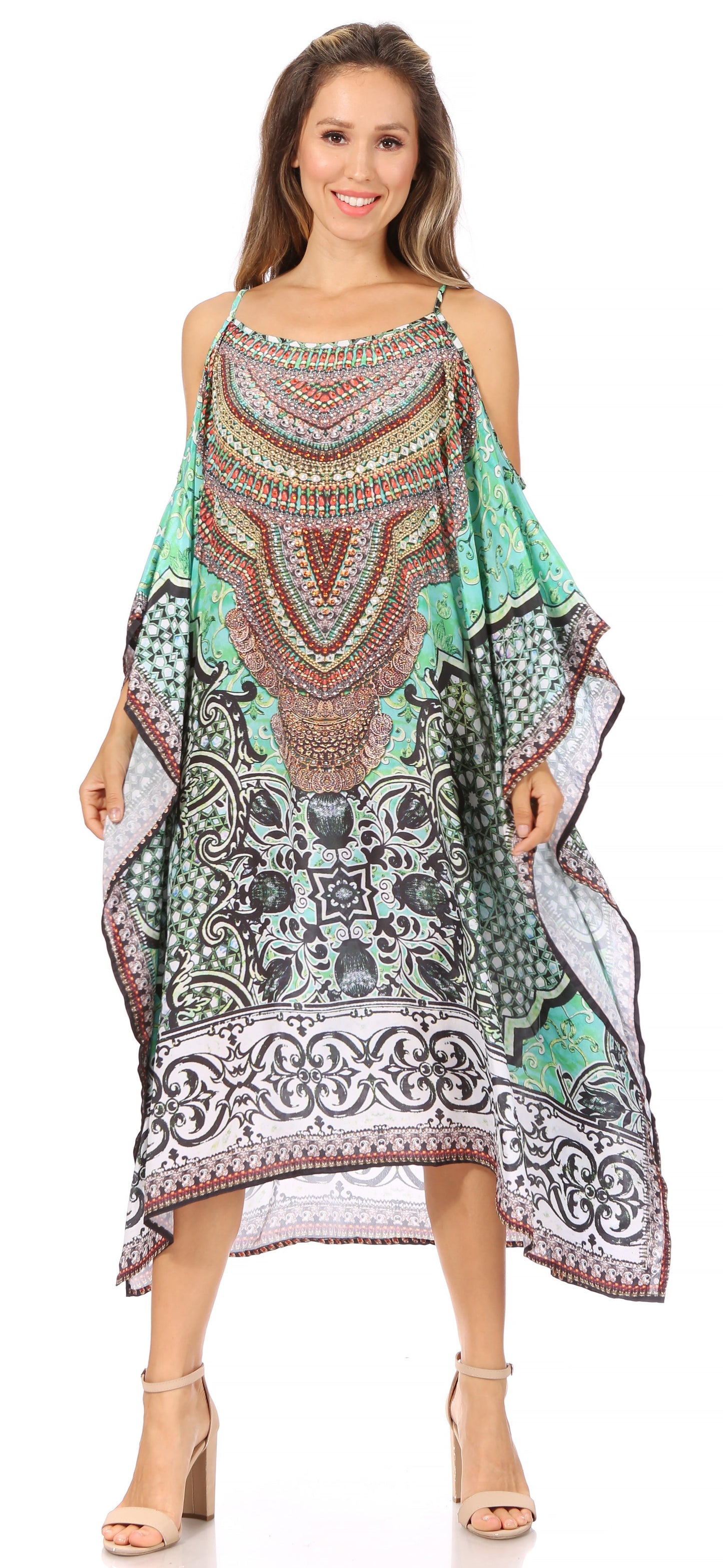 Sakkas Amaya Loose Fit Long Printed Strappy Cutout Shoulder Boat Neck Kaftan Dress - Concordia Style Boutique