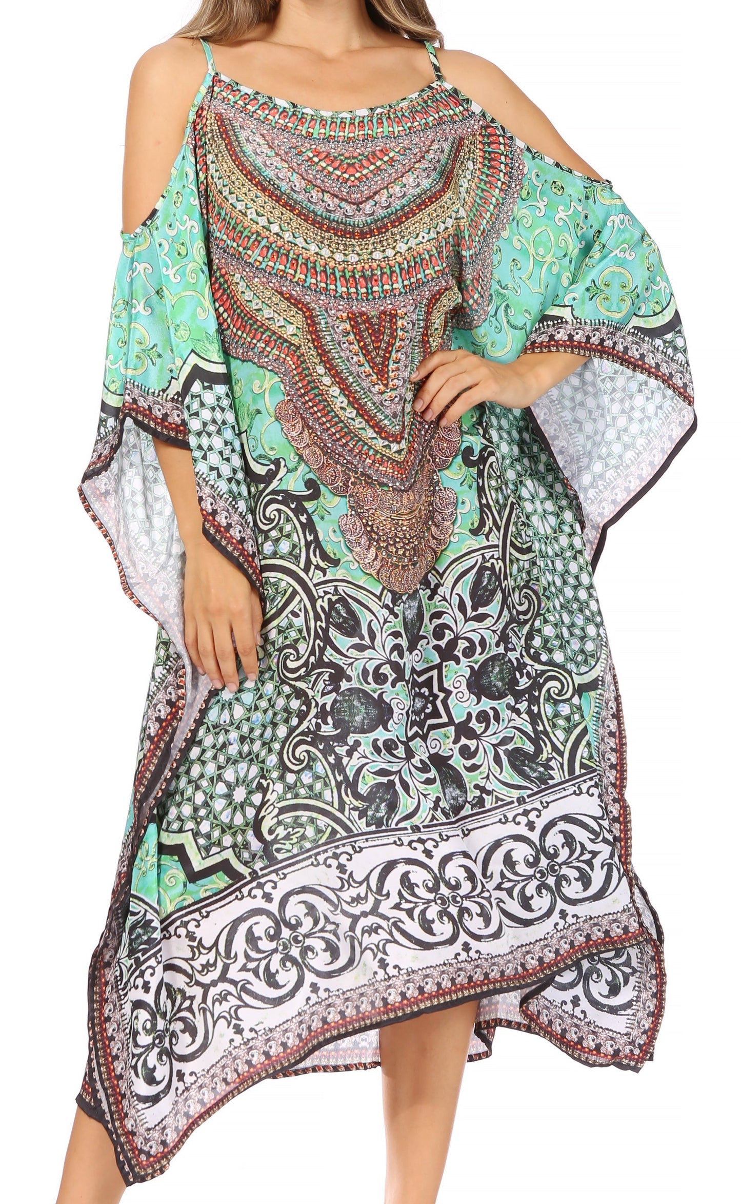 Sakkas Amaya Loose Fit Long Printed Strappy Cutout Shoulder Boat Neck Kaftan Dress - Concordia Style Boutique