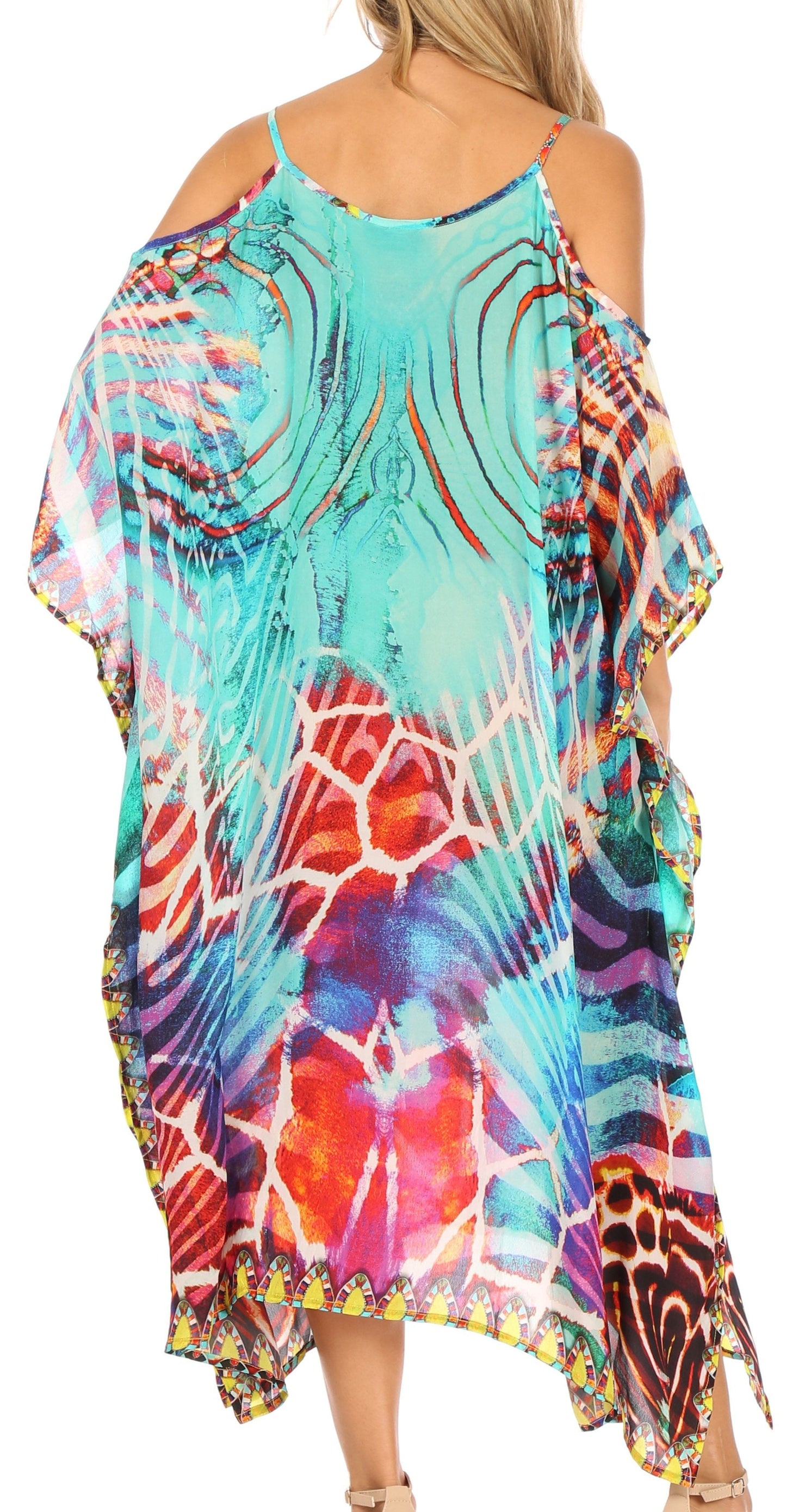 Sakkas Amaya Loose Fit Long Printed Strappy Cutout Shoulder Boat Neck Kaftan Dress - Concordia Style Boutique