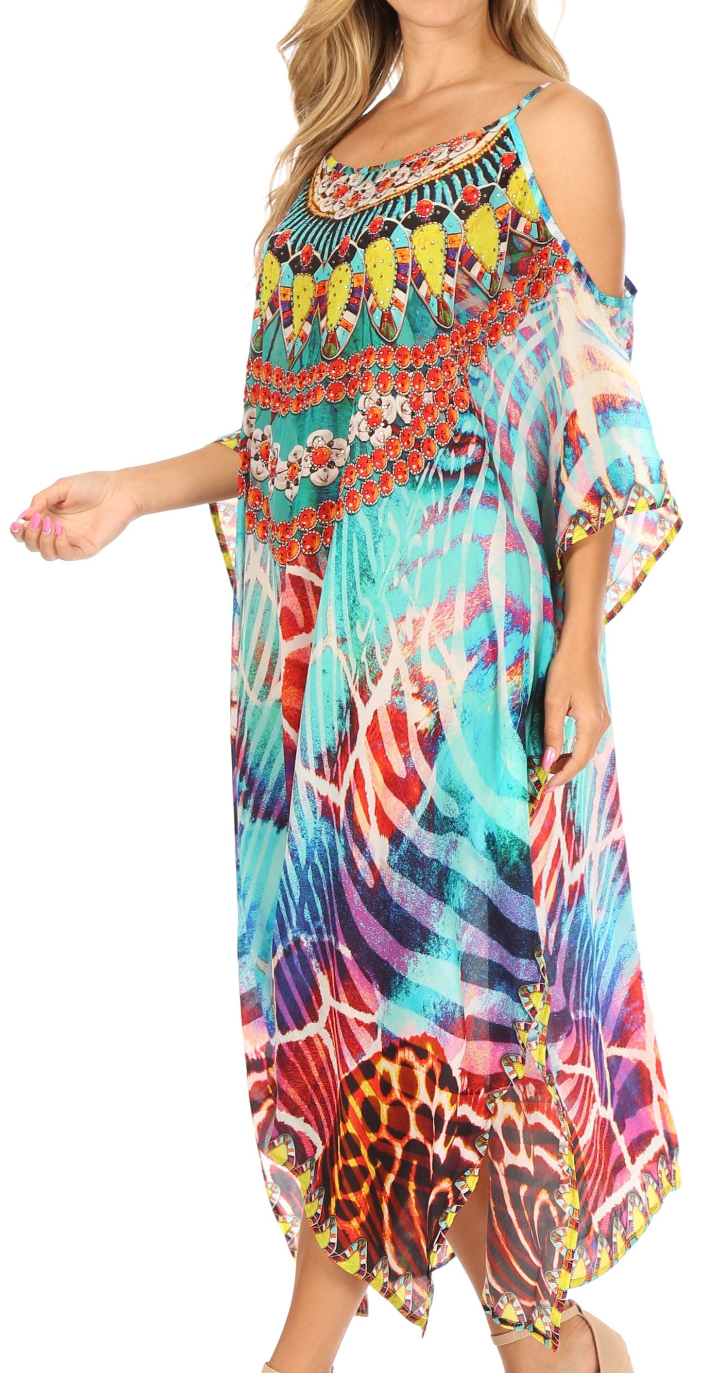 Sakkas Amaya Loose Fit Long Printed Strappy Cutout Shoulder Boat Neck Kaftan Dress - Concordia Style Boutique