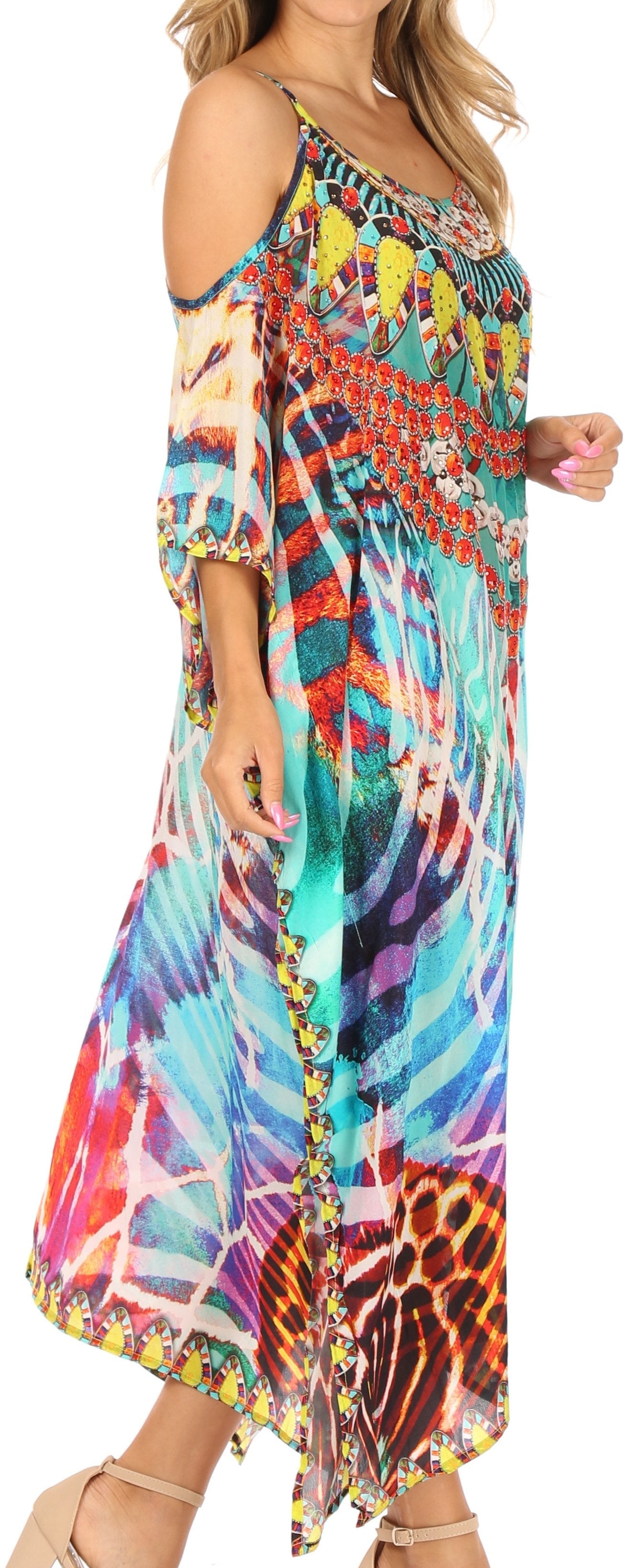 Sakkas Amaya Loose Fit Long Printed Strappy Cutout Shoulder Boat Neck Kaftan Dress - Concordia Style Boutique