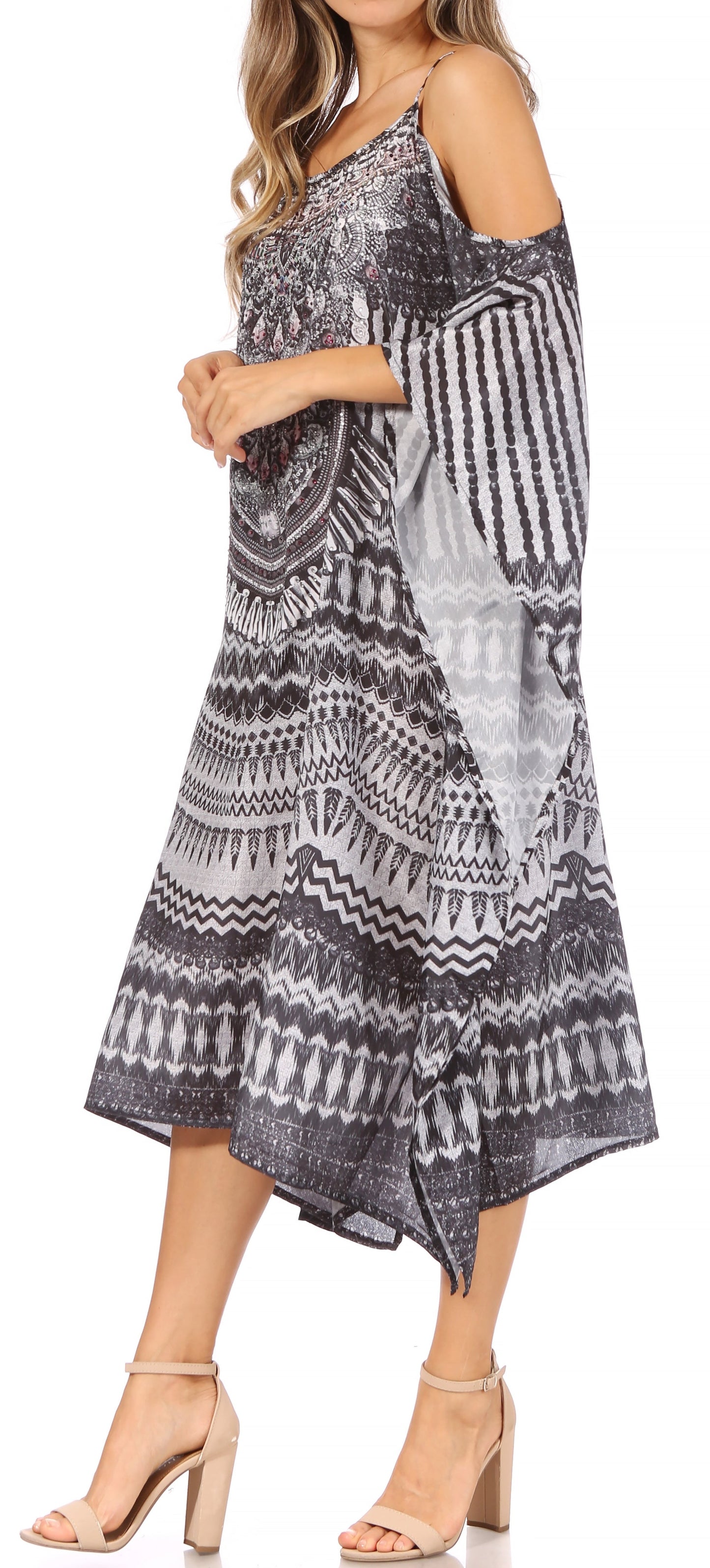 Sakkas Amaya Loose Fit Long Printed Strappy Cutout Shoulder Boat Neck Kaftan Dress - Concordia Style Boutique