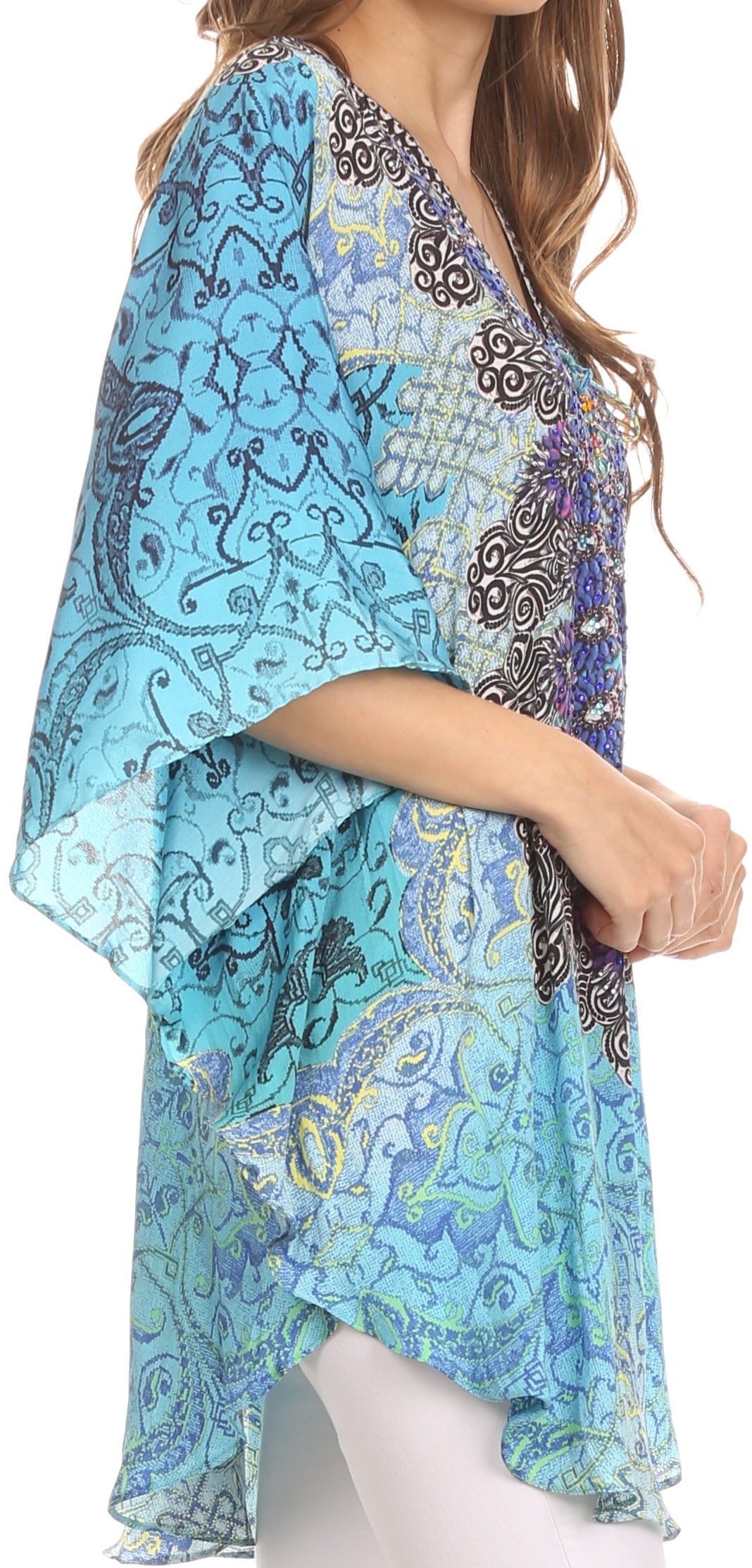 Sakkas Tallulah Wide Circle Blouse V Neck Top With Tassle Ties And Rhinestones - Concordia Style Boutique