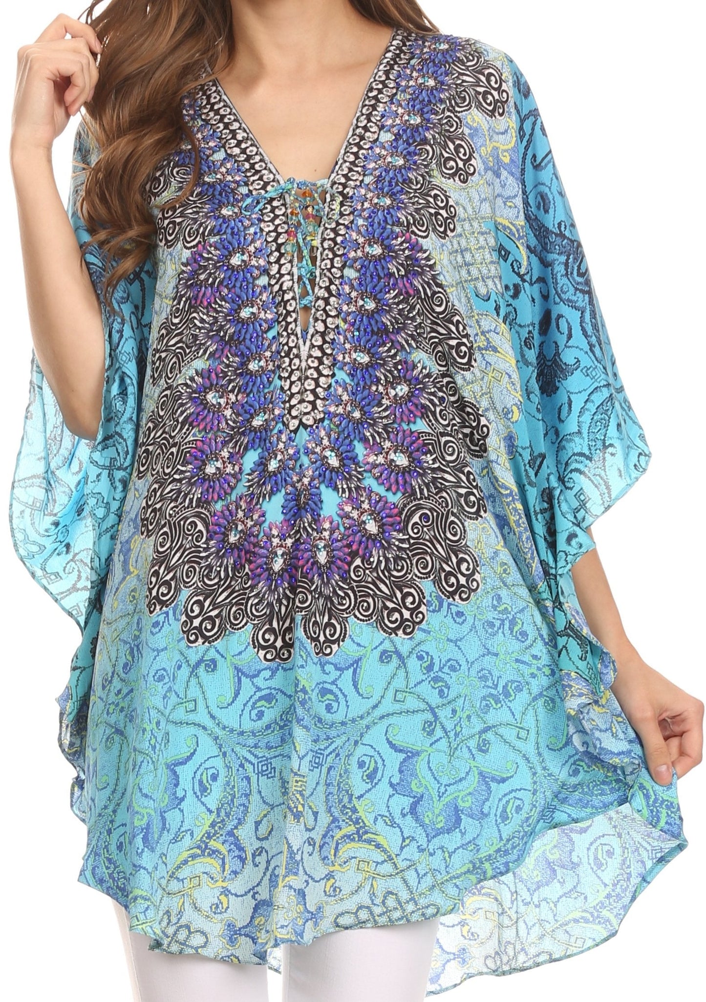 Sakkas Tallulah Wide Circle Blouse V Neck Top With Tassle Ties And Rhinestones - Concordia Style Boutique