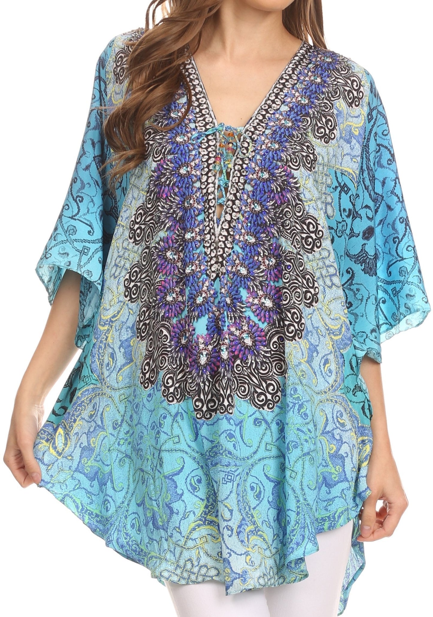 Sakkas Tallulah Wide Circle Blouse V Neck Top With Tassle Ties And Rhinestones - Concordia Style Boutique