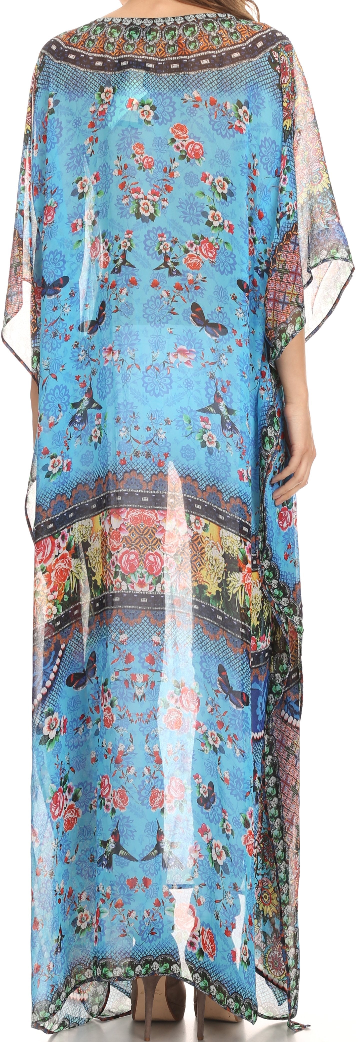 Sakkas Wilder Printed Design Long Sheer Rhinestone Caftan Dress / Cover Up - Concordia Style Boutique