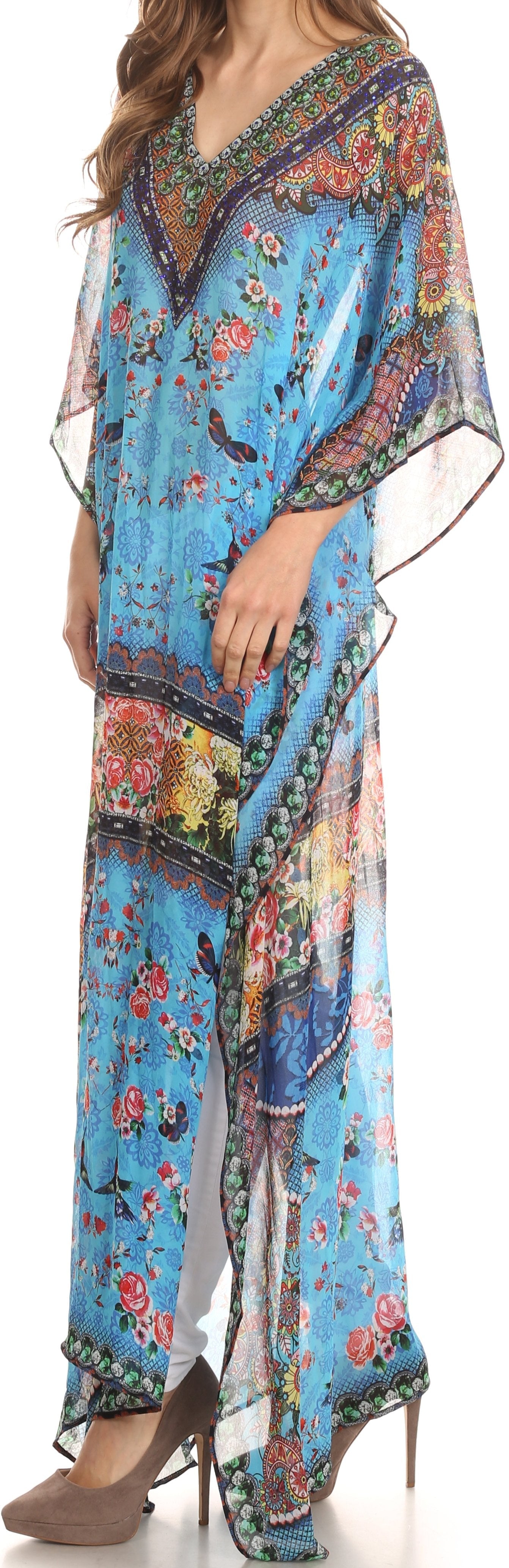 Sakkas Wilder Printed Design Long Sheer Rhinestone Caftan Dress / Cover Up - Concordia Style Boutique