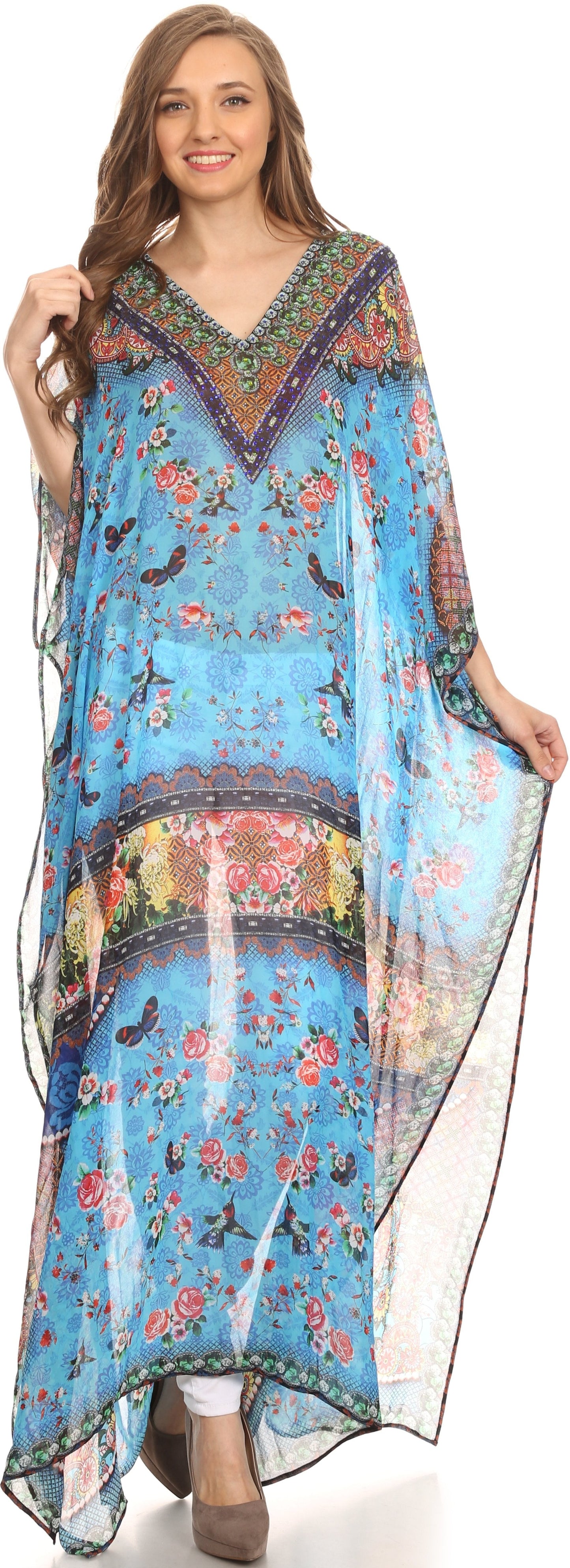 Sakkas Wilder Printed Design Long Sheer Rhinestone Caftan Dress / Cover Up - Concordia Style Boutique