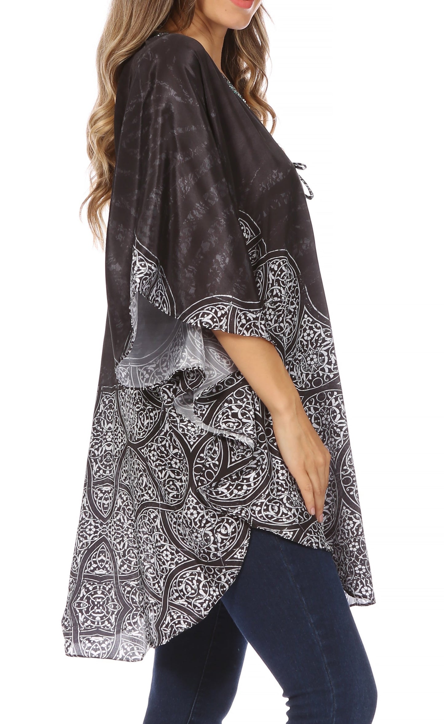 Sakkas Tallulah Wide Circle Blouse V Neck Top With Tassle Ties And Rhinestones - Concordia Style Boutique
