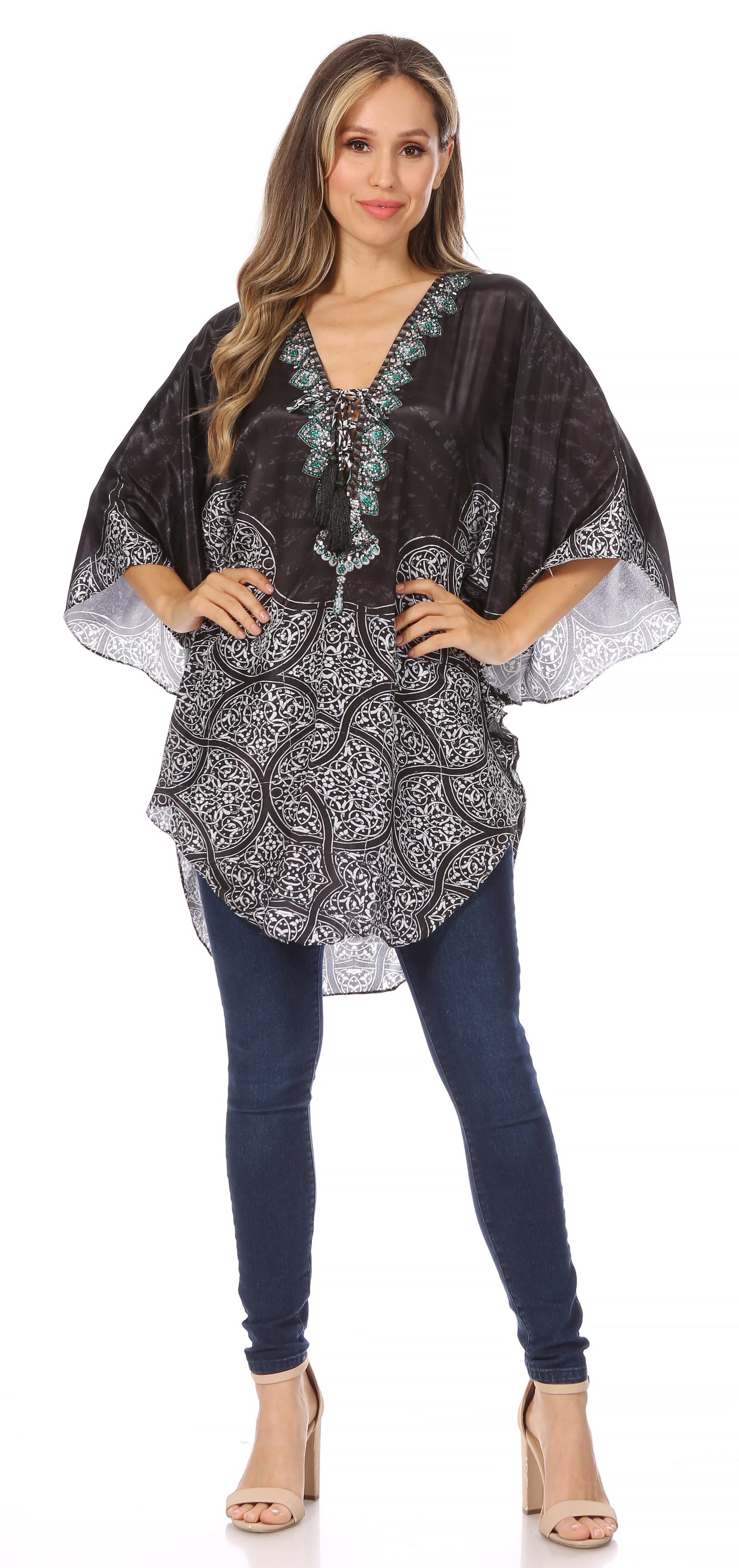 Sakkas Tallulah Wide Circle Blouse V Neck Top With Tassle Ties And Rhinestones - Concordia Style Boutique