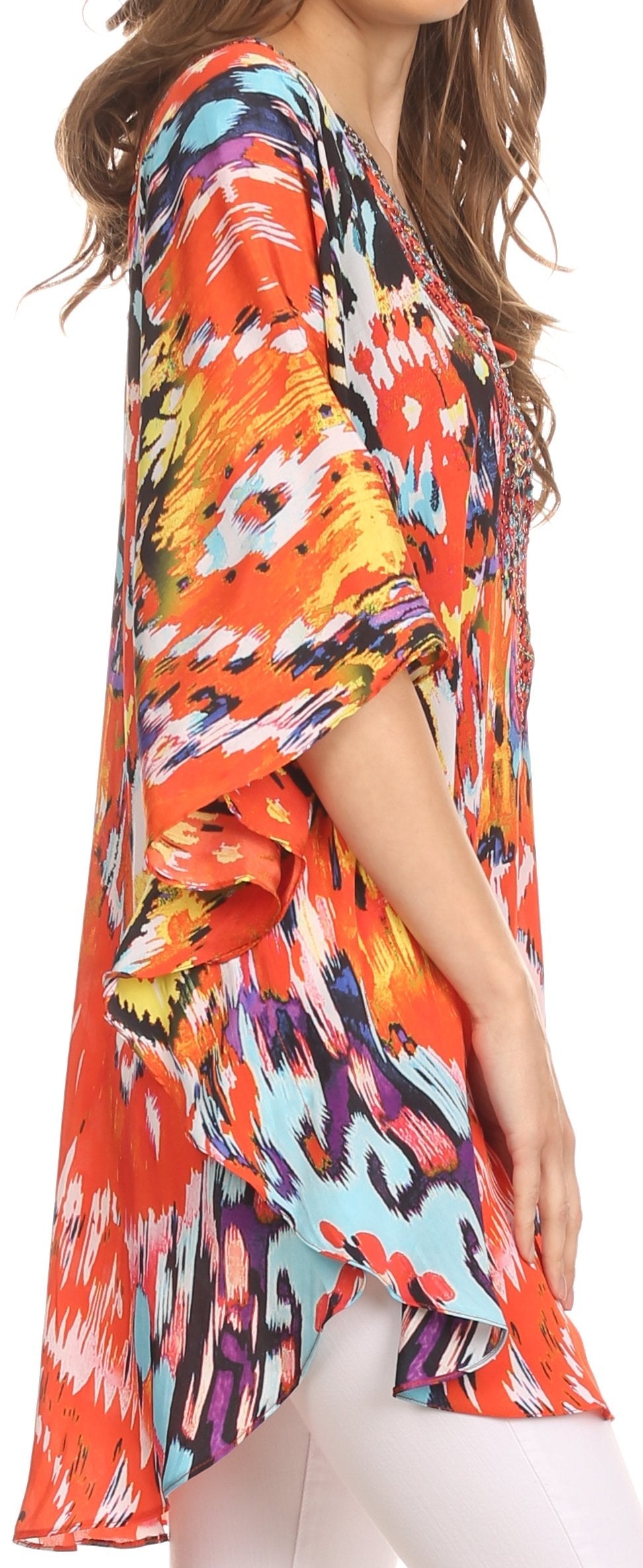 Sakkas Tallulah Wide Circle Blouse V Neck Top With Tassle Ties And Rhinestones - Concordia Style Boutique