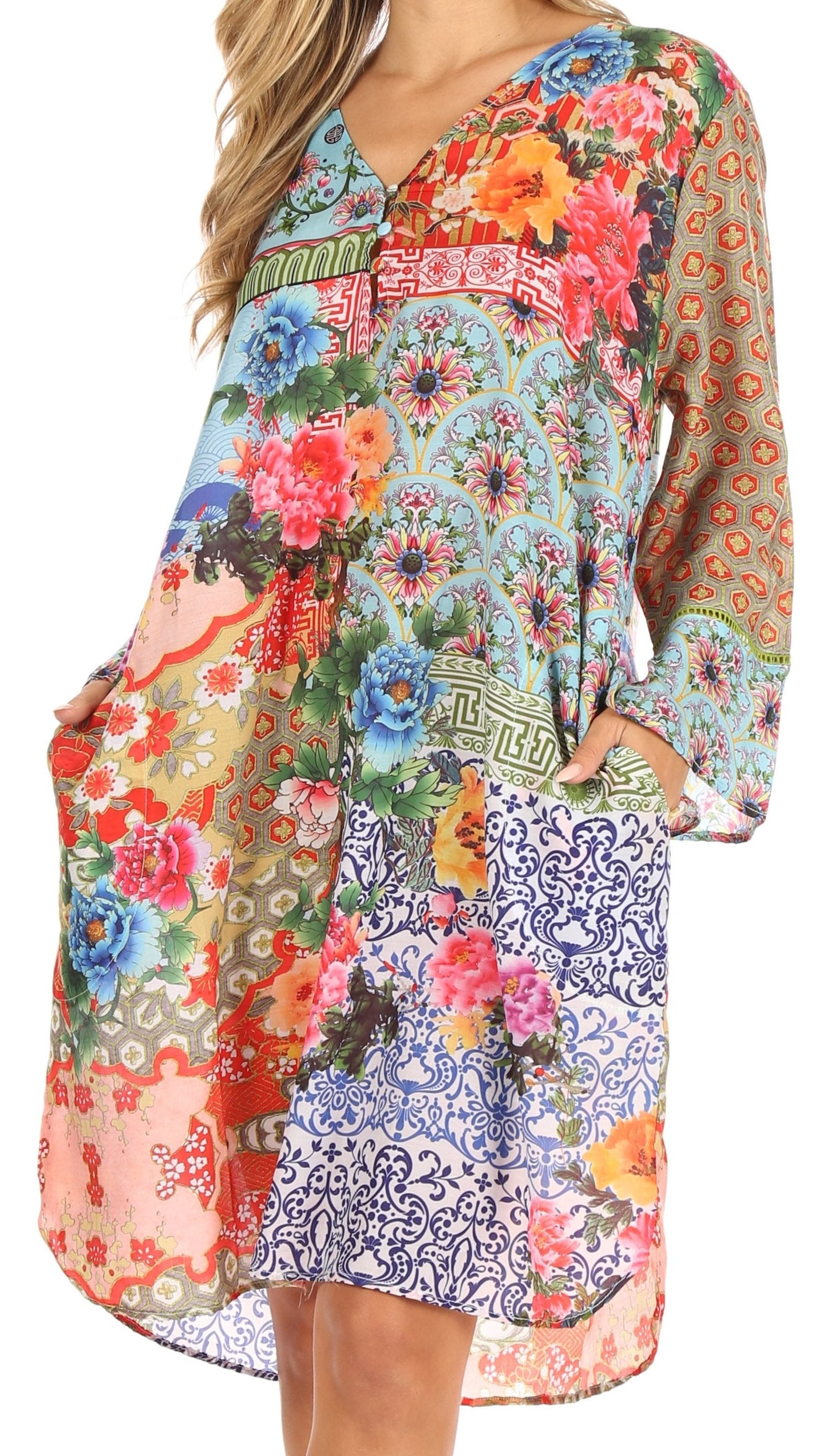 Sakkas Ximena Women's Floral Boho Cocktail Dress Tunic Cover-up V neck Summer - Concordia Style Boutique