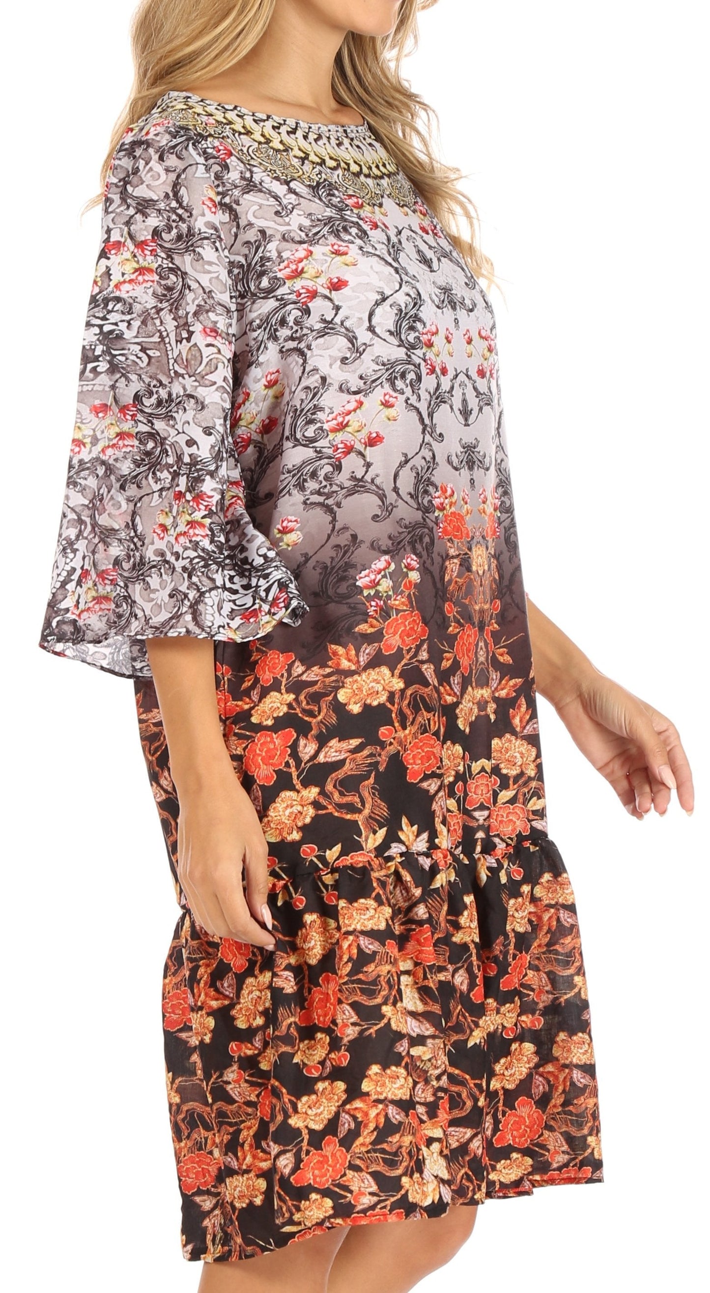 Sakkas Dona Women's Casual Swing 3/4 Sleeve Floral Print Boho Cocktail Midi Dress - Concordia Style Boutique