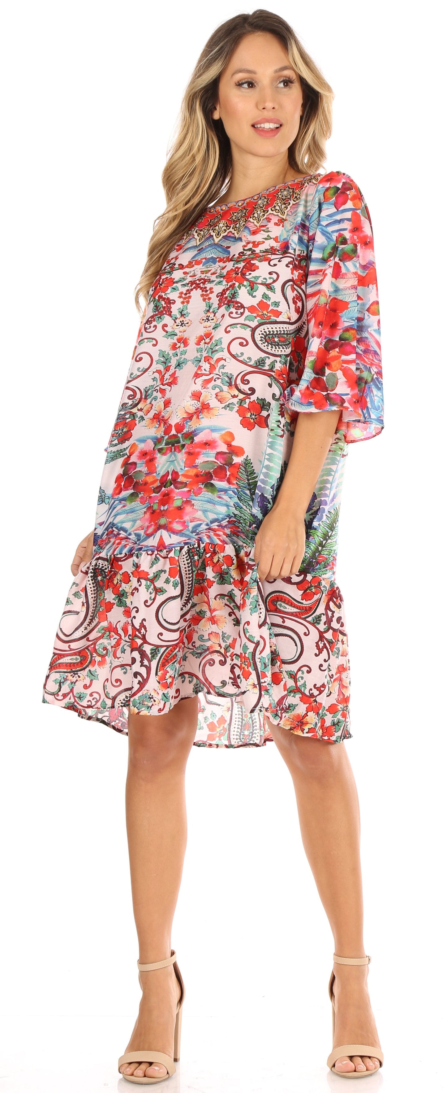 Sakkas Dona Women's Casual Swing 3/4 Sleeve Floral Print Boho Cocktail Midi Dress - Concordia Style Boutique