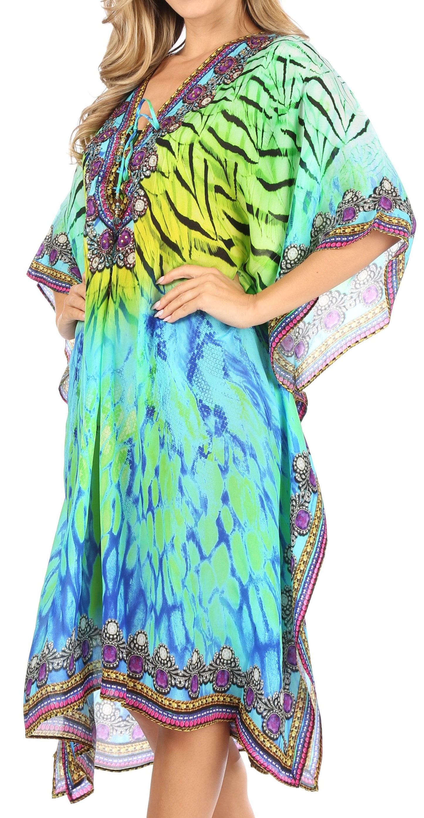 Sakkas Kristy Long Tall Lightweight Caftan Dress / Cover Up With V-Neck Jewels - Concordia Style Boutique