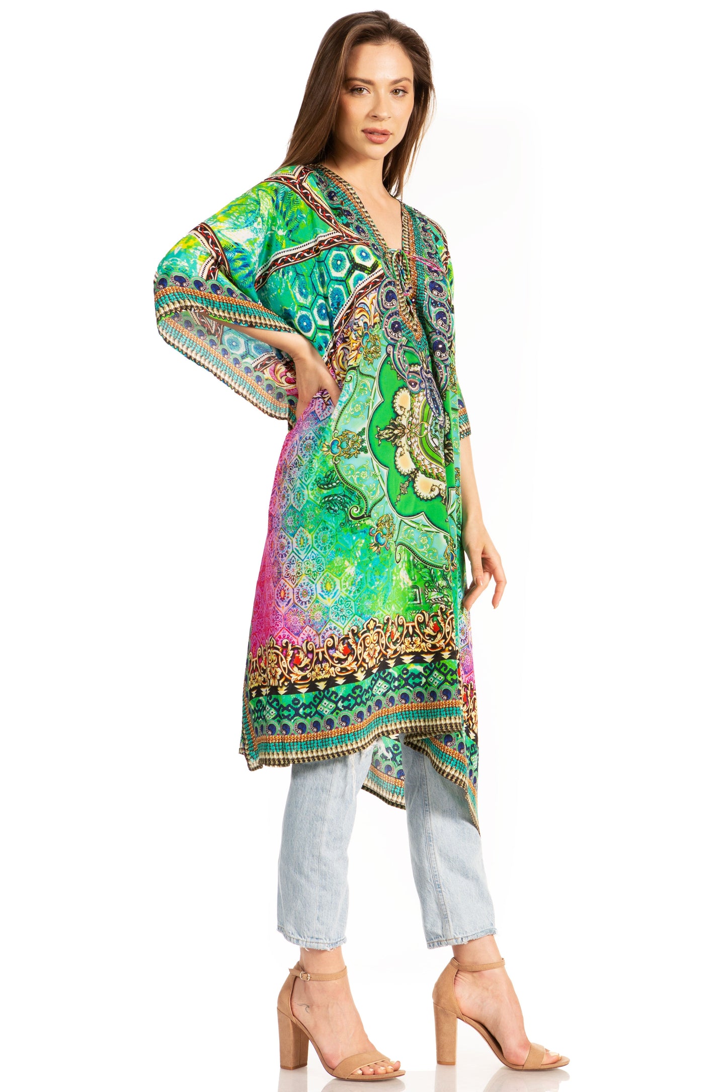 Sakkas Kristy Long Tall Lightweight Caftan Dress / Cover Up With V-Neck Jewels - Concordia Style Boutique