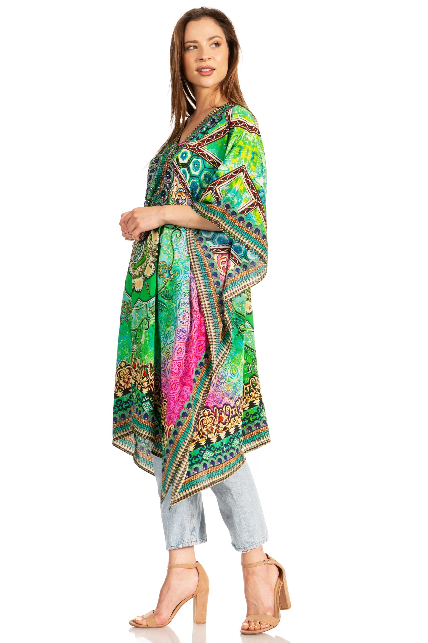 Sakkas Kristy Long Tall Lightweight Caftan Dress / Cover Up With V-Neck Jewels - Concordia Style Boutique