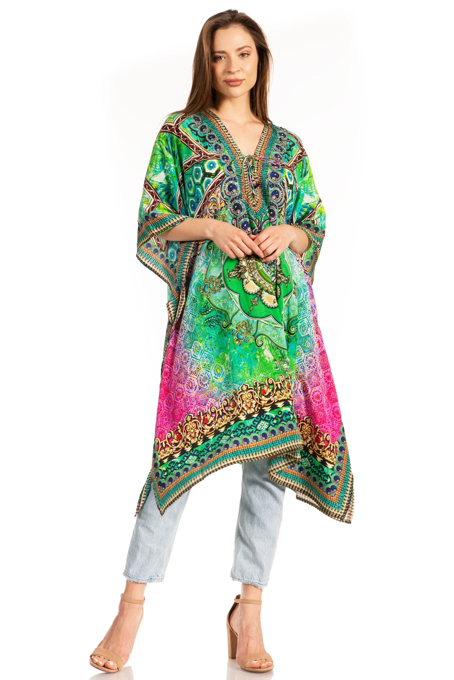 Sakkas Kristy Long Tall Lightweight Caftan Dress / Cover Up With V-Neck Jewels - Concordia Style Boutique