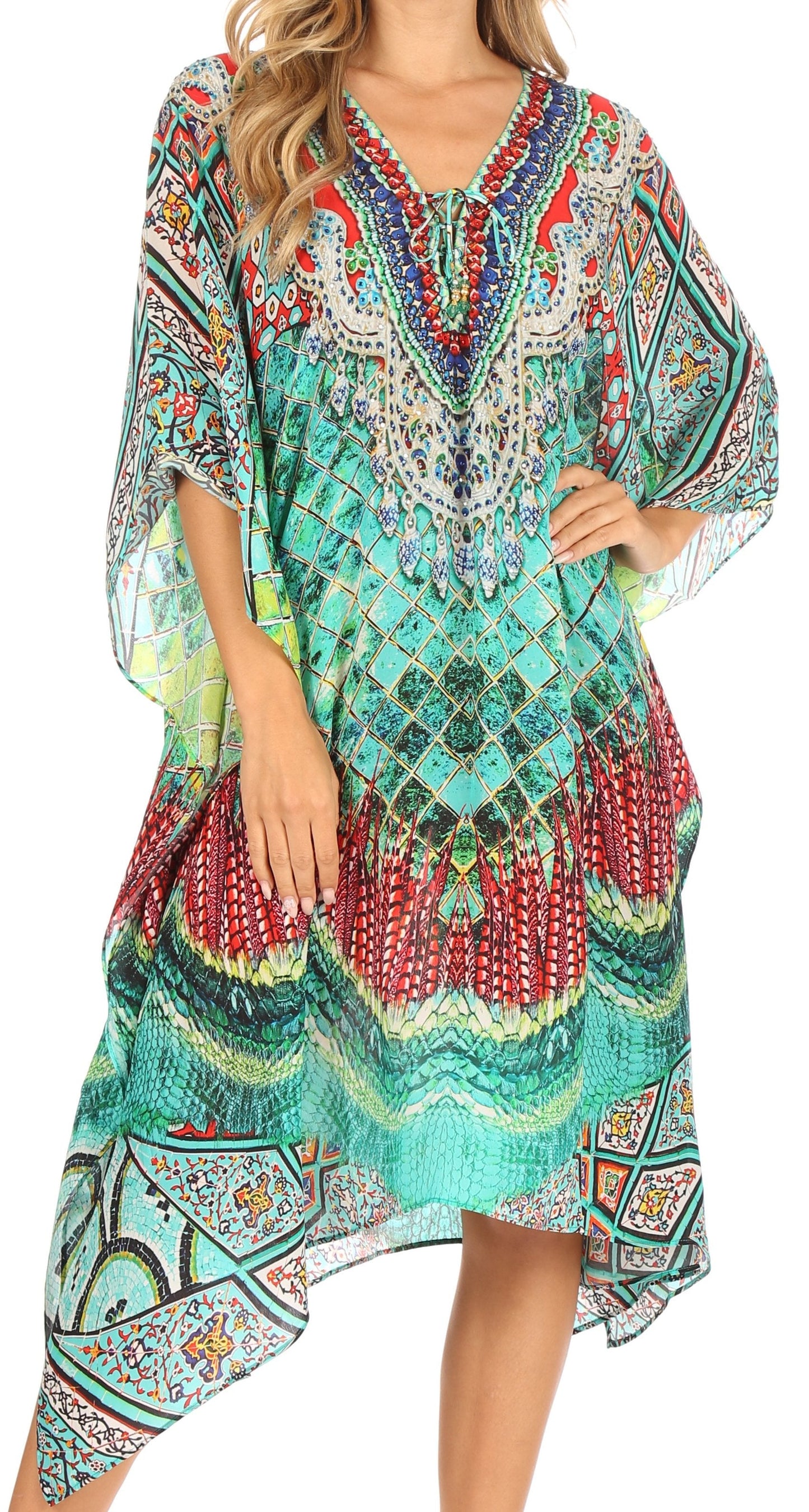 Sakkas Kristy Long Tall Lightweight Caftan Dress / Cover Up With V-Neck Jewels - Concordia Style Boutique