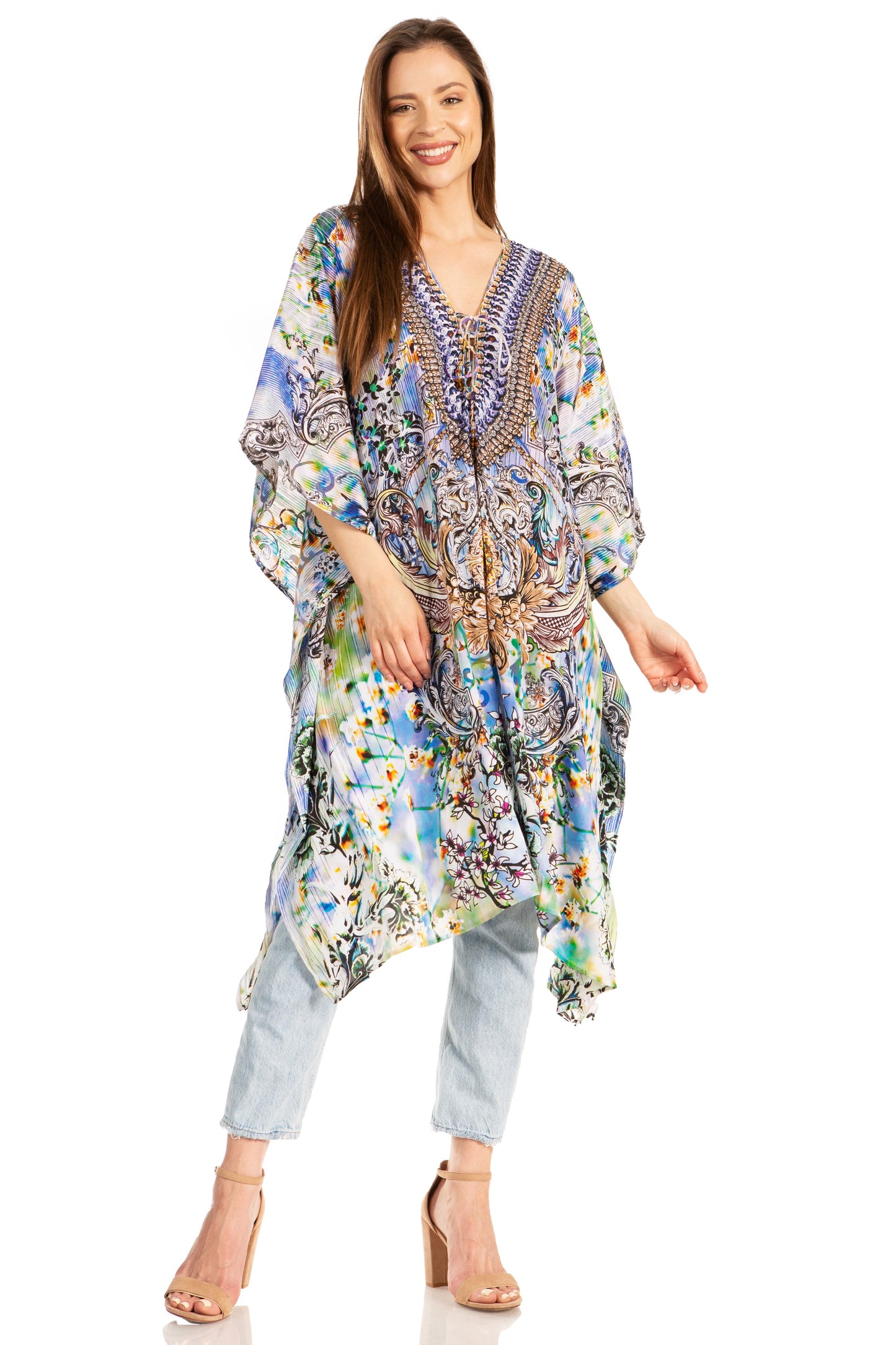 Sakkas Kristy Long Tall Lightweight Caftan Dress / Cover Up With V-Neck Jewels - Concordia Style Boutique