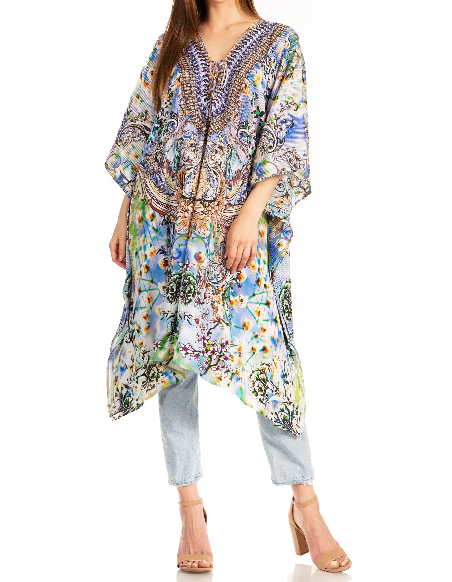 Sakkas Kristy Long Tall Lightweight Caftan Dress / Cover Up With V-Neck Jewels - Concordia Style Boutique