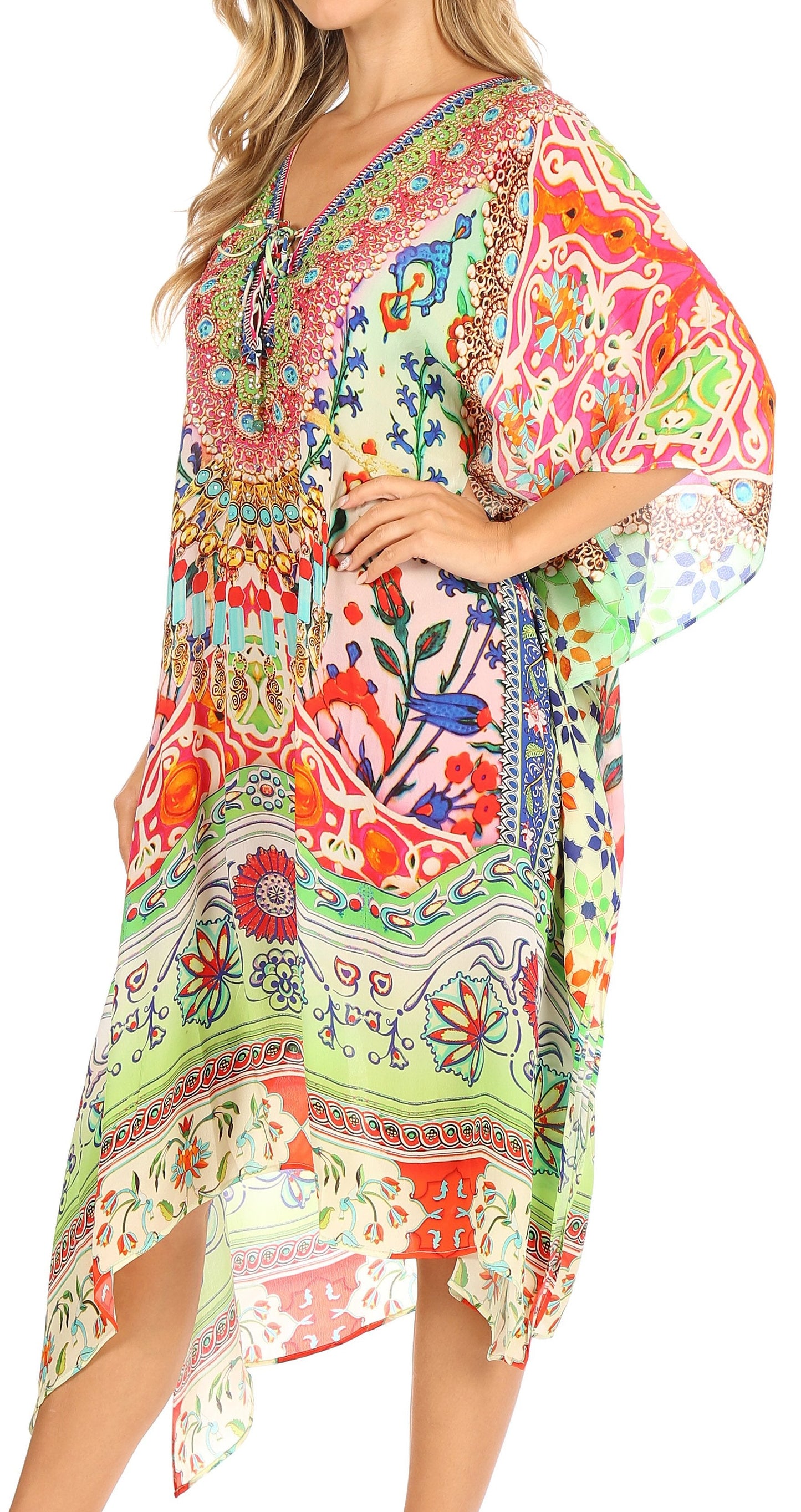 Sakkas Kristy Long Tall Lightweight Caftan Dress / Cover Up With V-Neck Jewels - Concordia Style Boutique