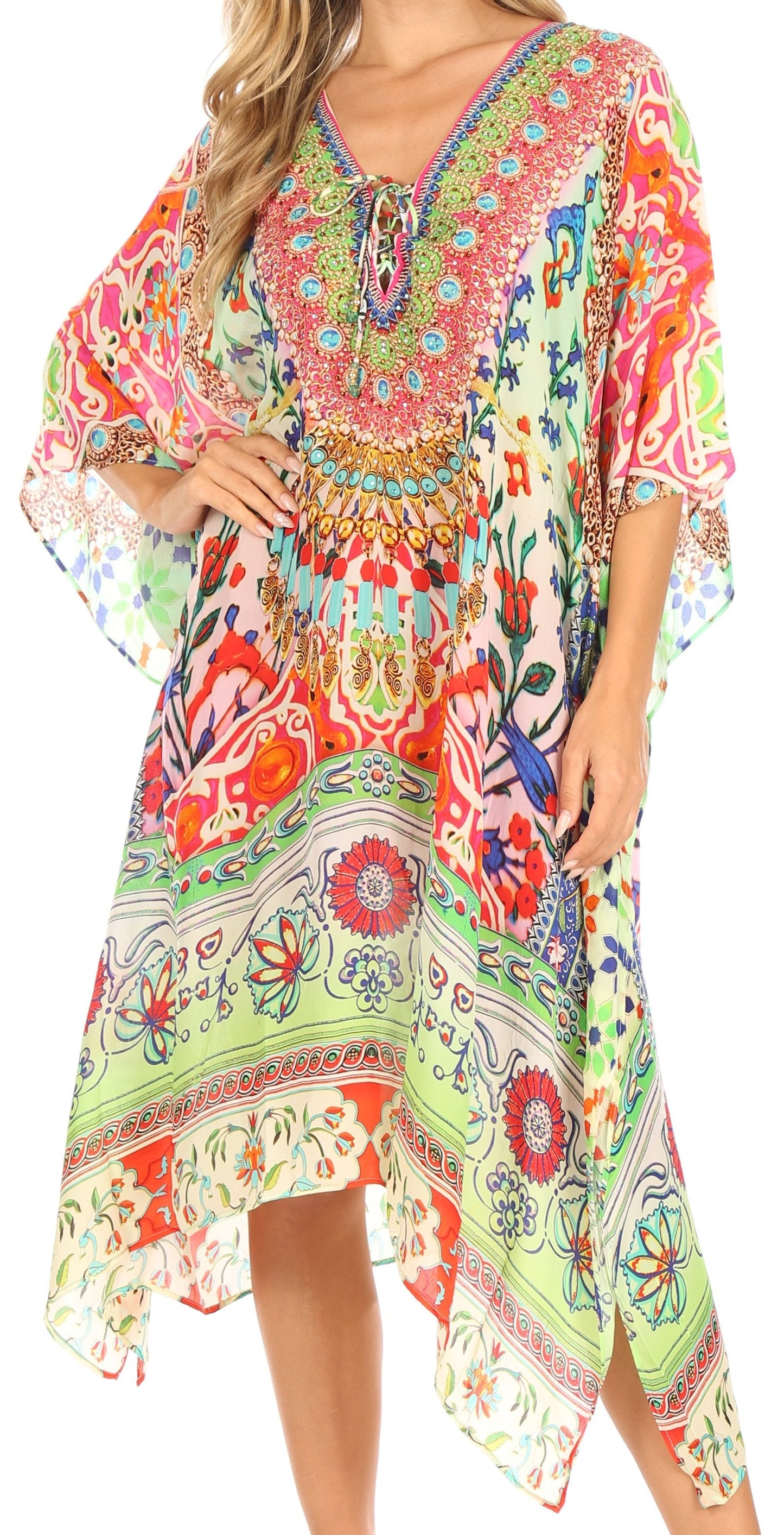Sakkas Kristy Long Tall Lightweight Caftan Dress / Cover Up With V-Neck Jewels - Concordia Style Boutique