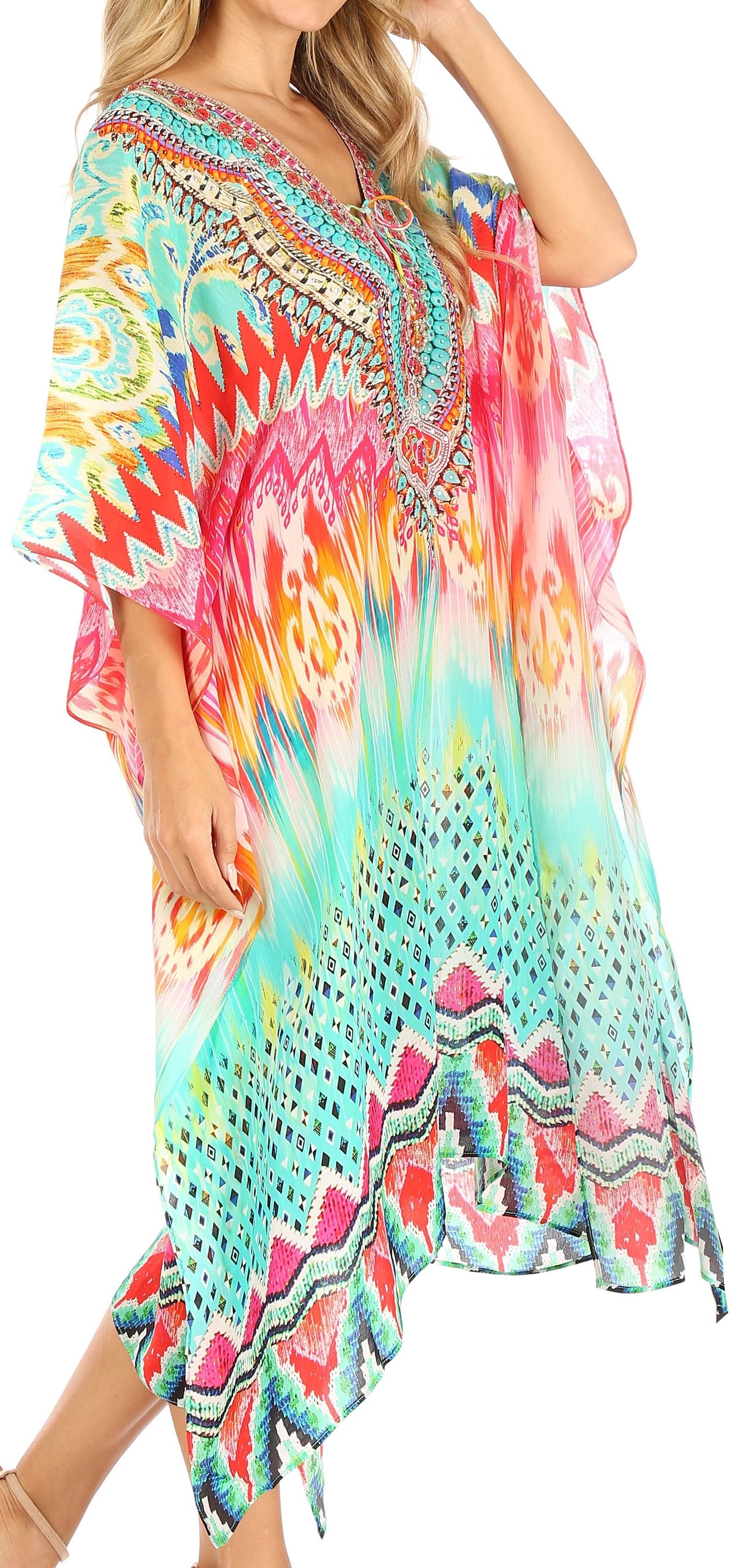 Sakkas Kristy Long Tall Lightweight Caftan Dress / Cover Up With V-Neck Jewels - Concordia Style Boutique