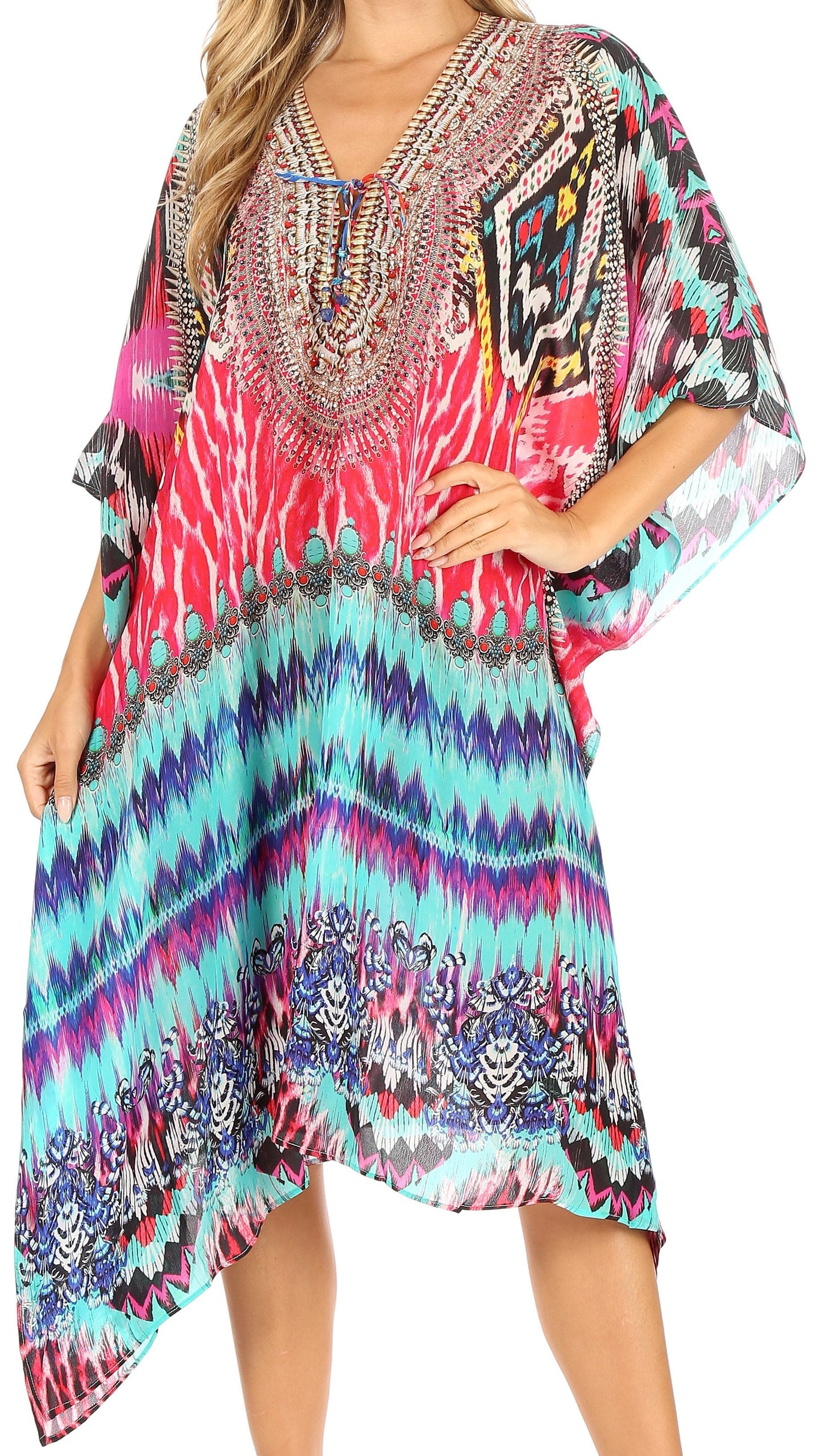 Sakkas Kristy Long Tall Lightweight Caftan Dress / Cover Up With V-Neck Jewels - Concordia Style Boutique