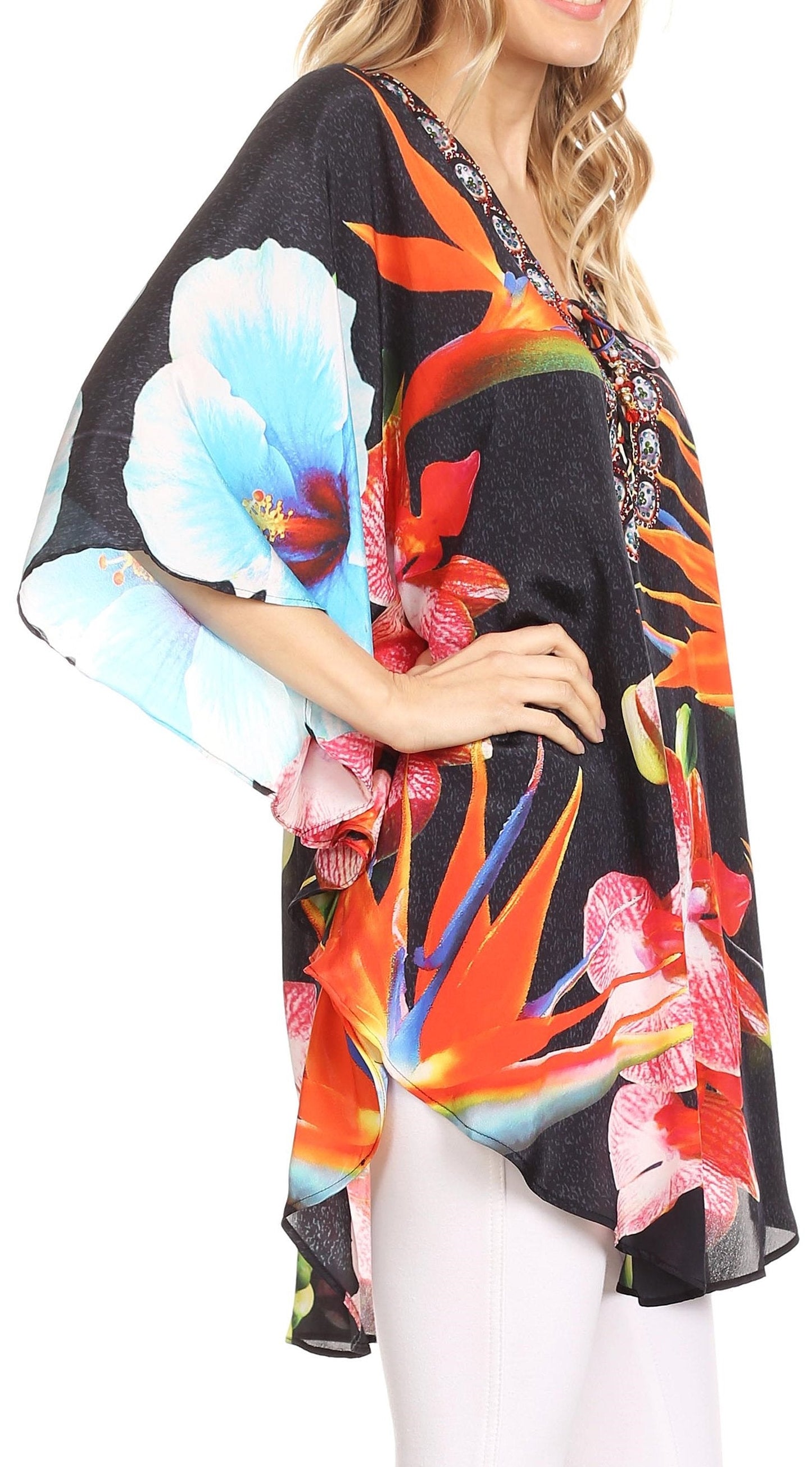 Sakkas Tallulah Wide Circle Blouse V Neck Top With Tassle Ties And Rhinestones - Concordia Style Boutique