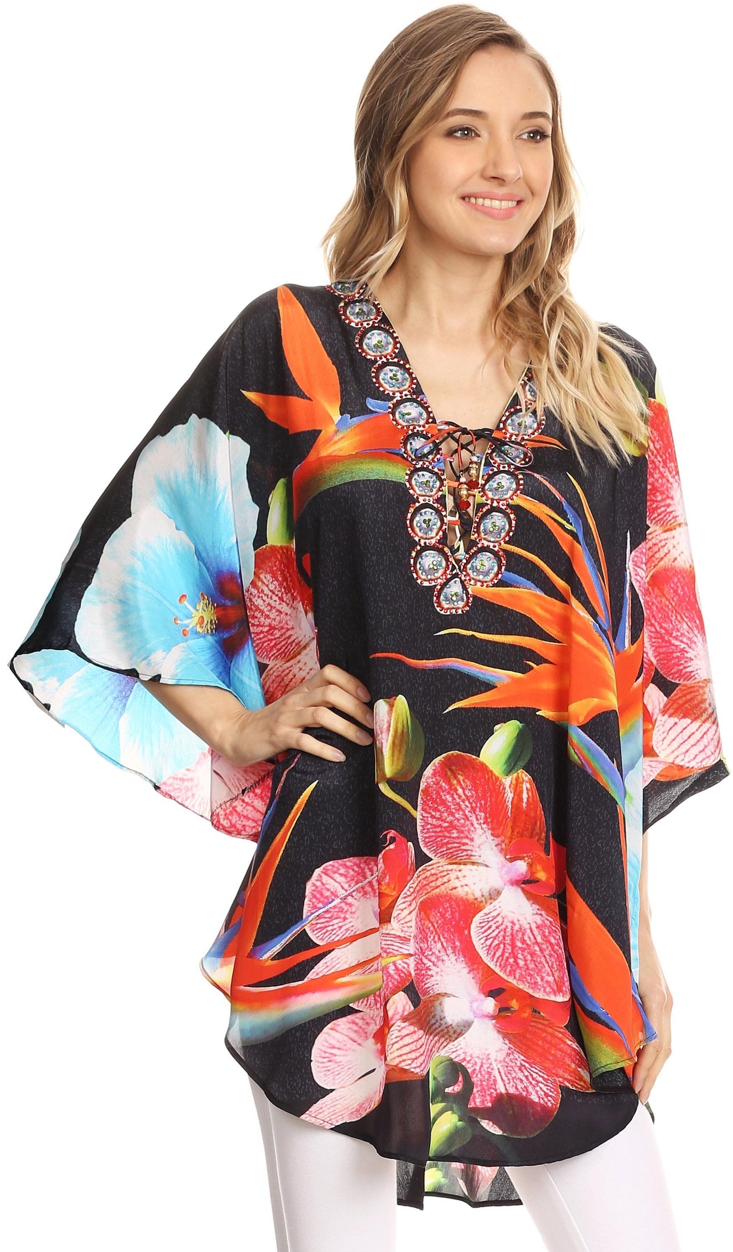 Sakkas Tallulah Wide Circle Blouse V Neck Top With Tassle Ties And Rhinestones - Concordia Style Boutique