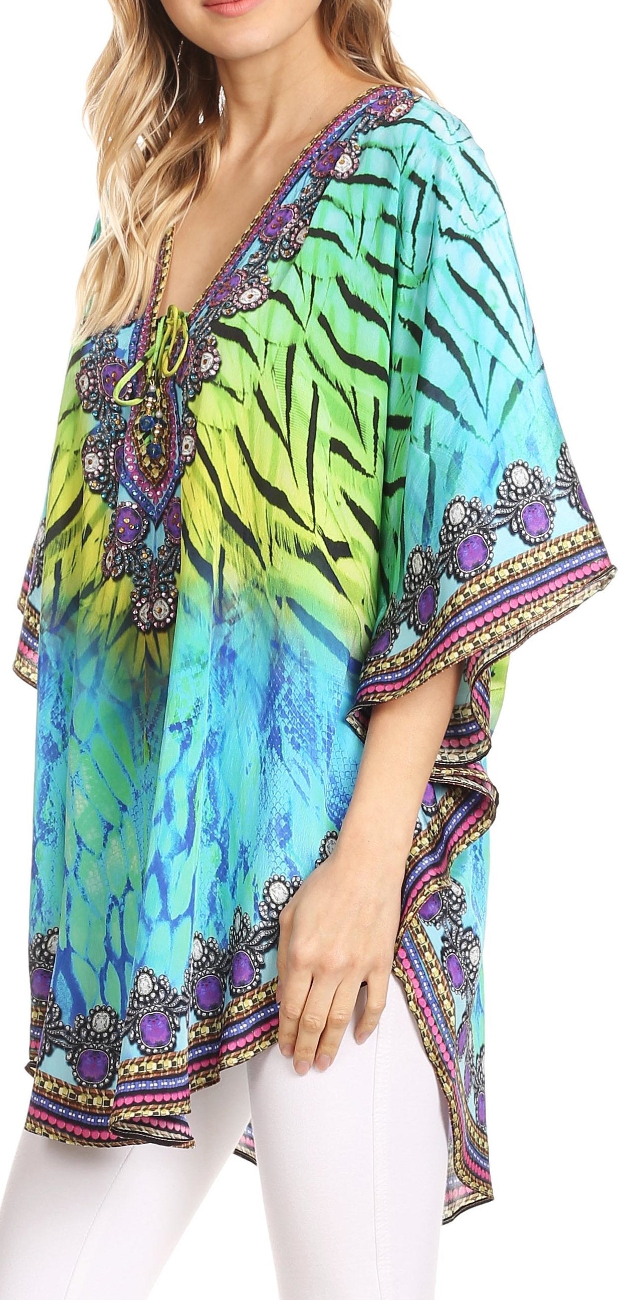 Sakkas Tallulah Wide Circle Blouse V Neck Top With Tassle Ties And Rhinestones - Concordia Style Boutique